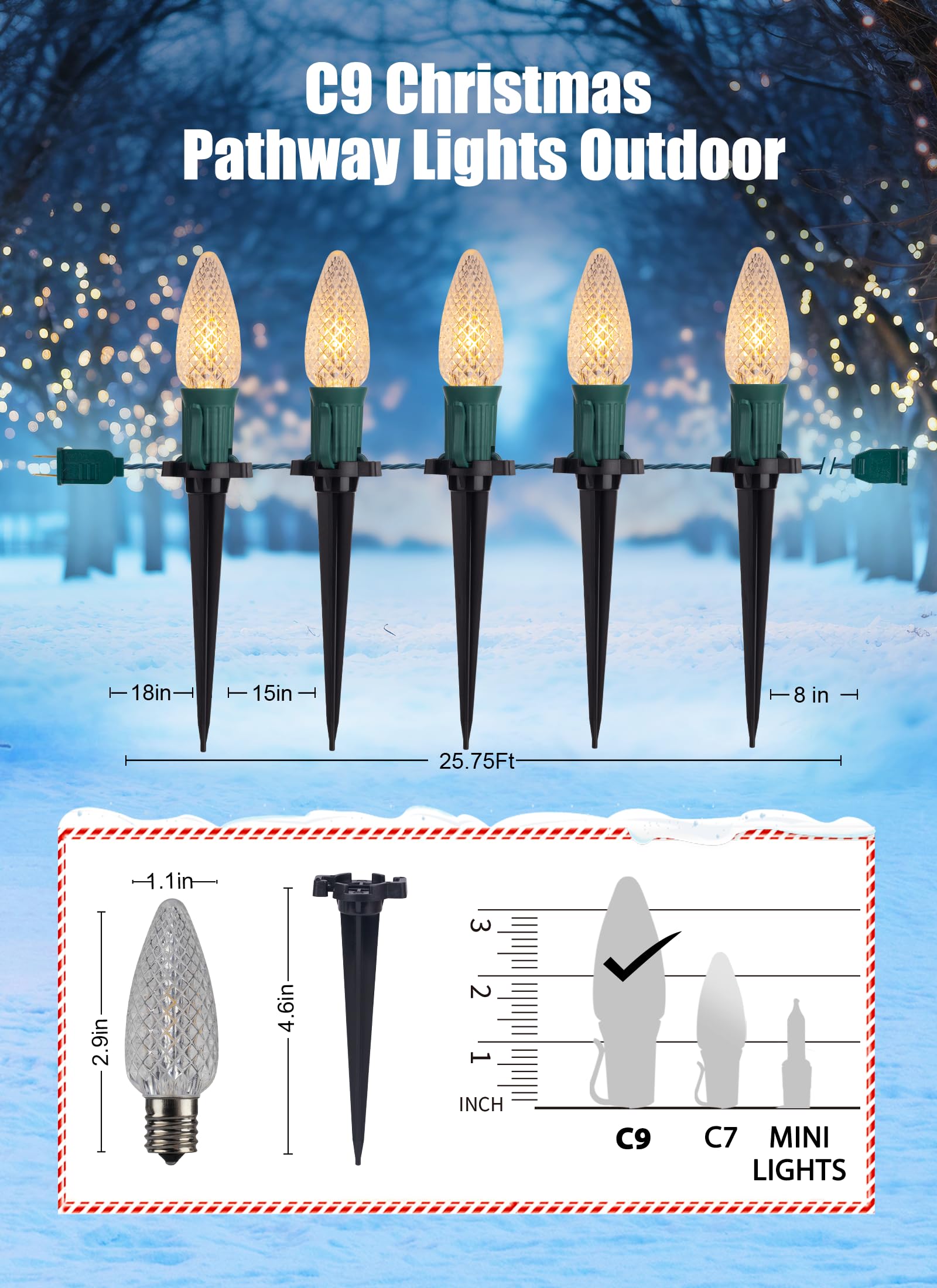 C9 Christmas String Lights Outdoor - 20 Led Pathway Light With Strawberry Shell And Stake Connectable Warm White High Voltage Wa