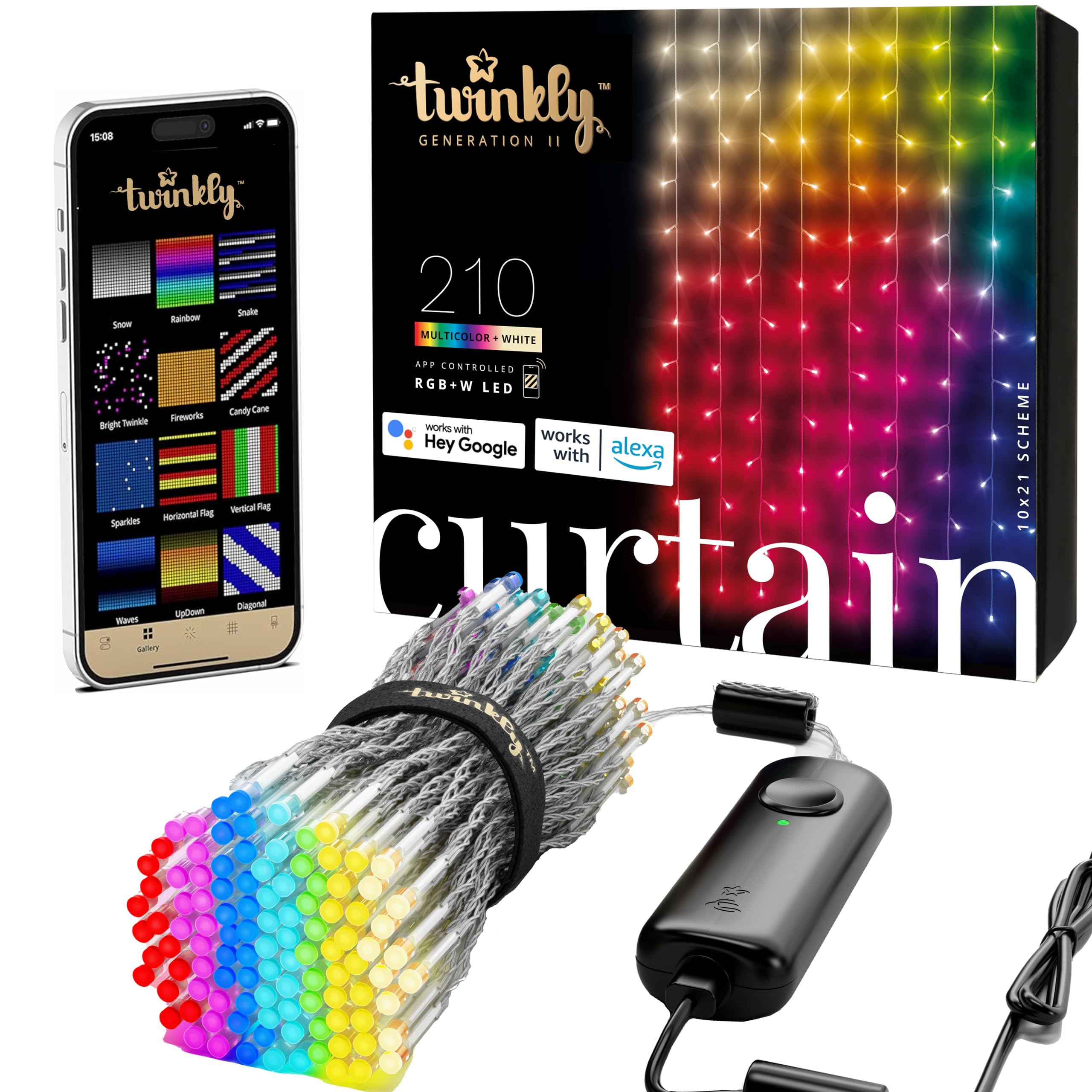 Twinkly Christmas Curtain Lights 210 RGB+W LEDs - App-Controlled, Sync with Music, Indoor & Outdoor Use, Compatible with Google 