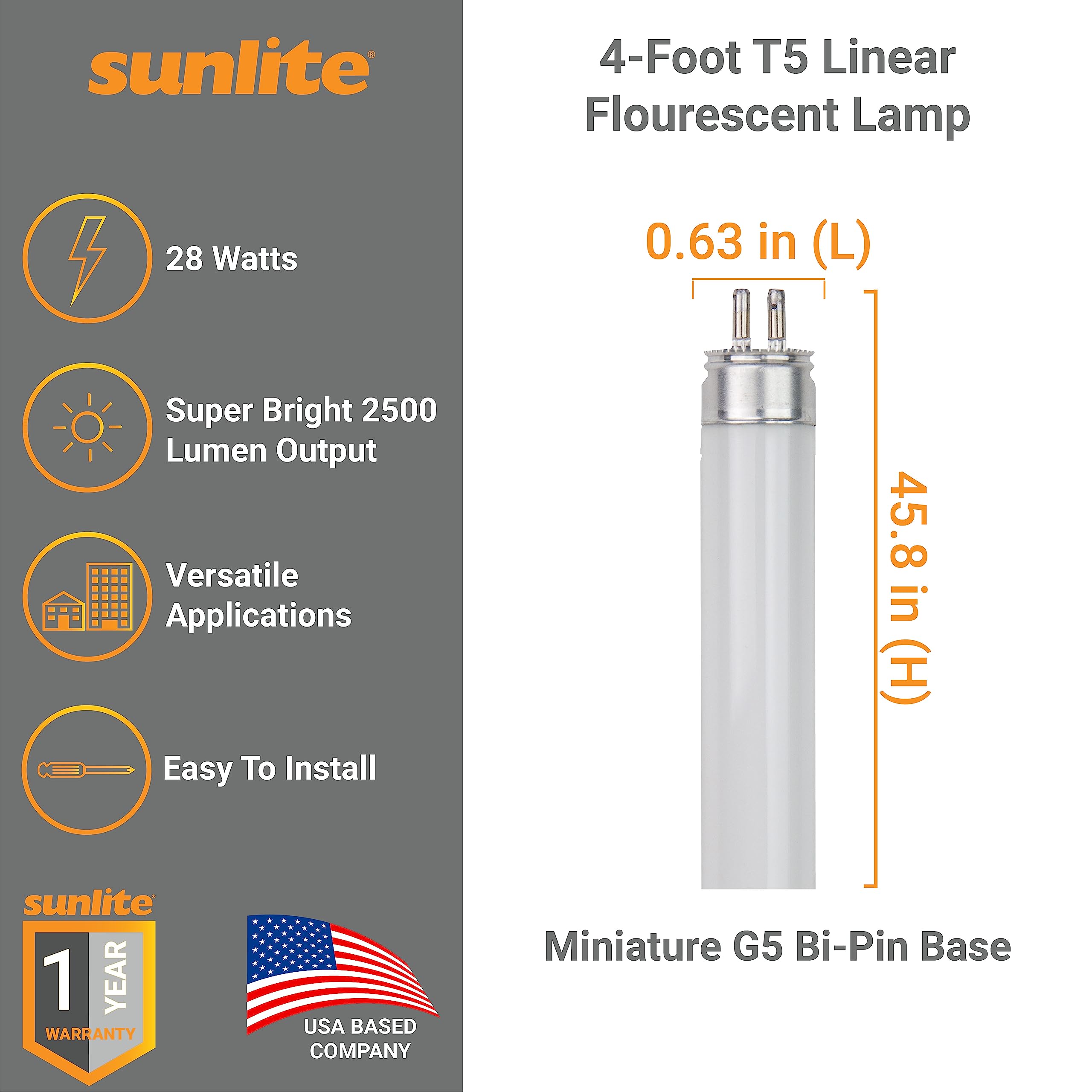 Sunlite T5 Linear Fluorescent Lamp 28W 2500 Lumens 4ft Mini G5 Bi-Pin Base 3000K Warm White 40 Pack