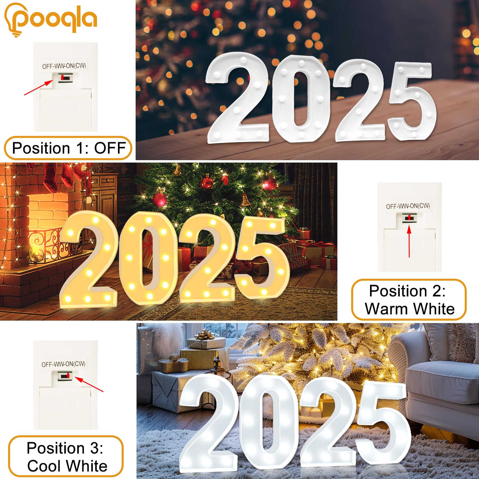 Pooqla LED Light Up Number 3, Warm White & Cool White Decorative Marquee, Plastic Night Light for Party & Room Decor