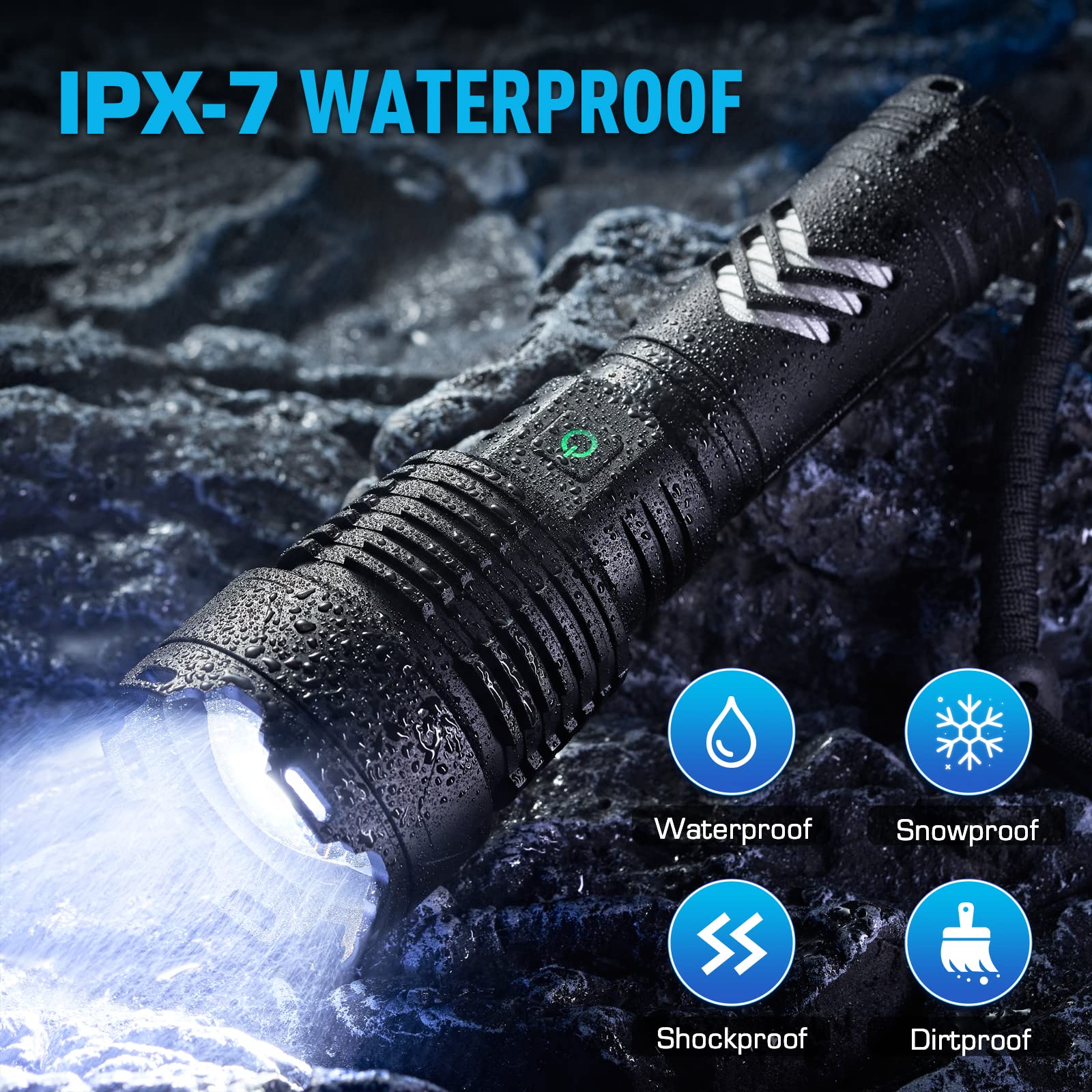 Sinvimes Rechargeable Tactical Flashlight, 990000LM, Zoomable, IPX7 Waterproof, Aluminum, Black, Model BM-LITE-M1, Perfect for Camping & Emergencies