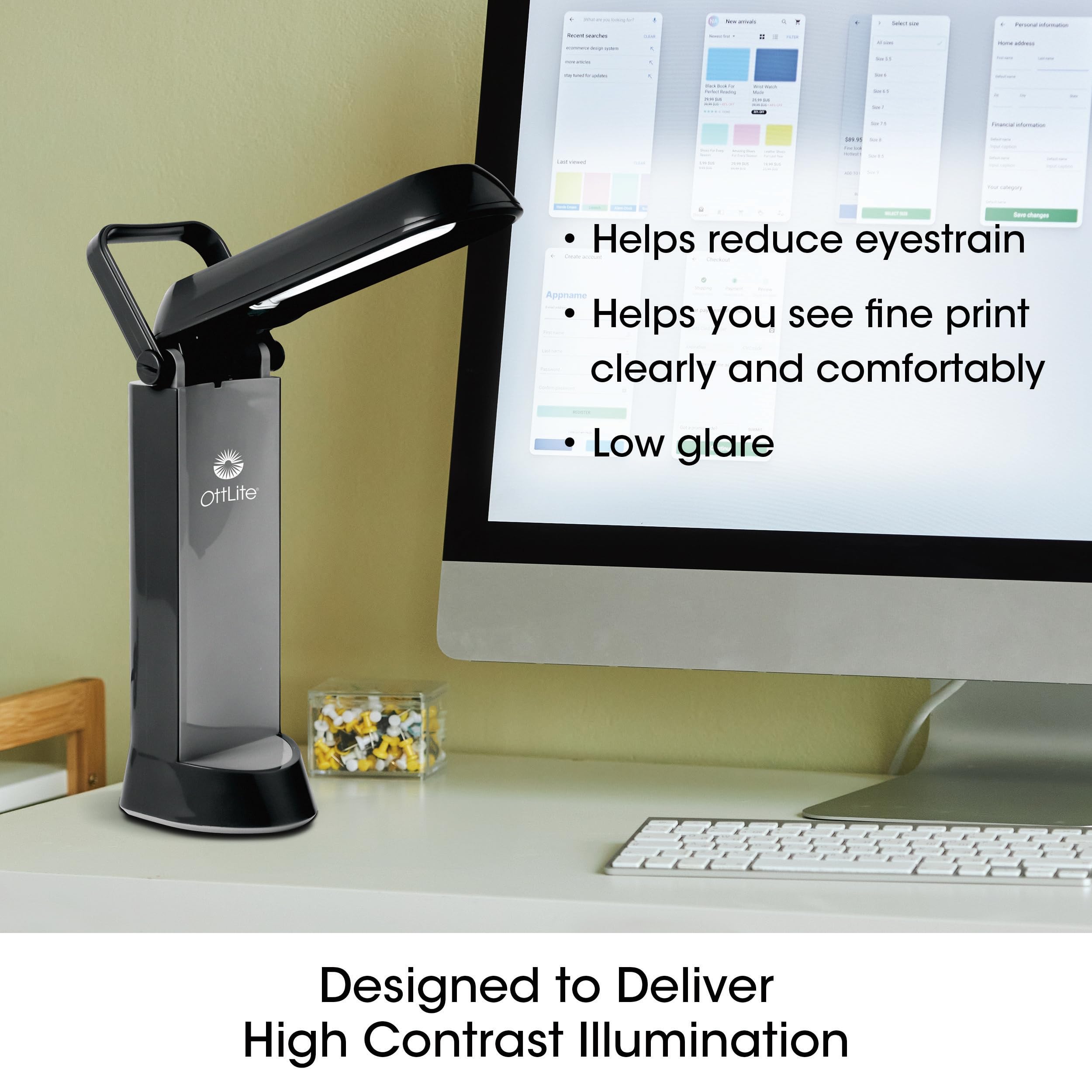 Ottlite Folding Task Lamp, Black - Multi-Position Shade, Fold-Up Design, Portable Handle, Low Heat, Low Glare Illumination, Fits