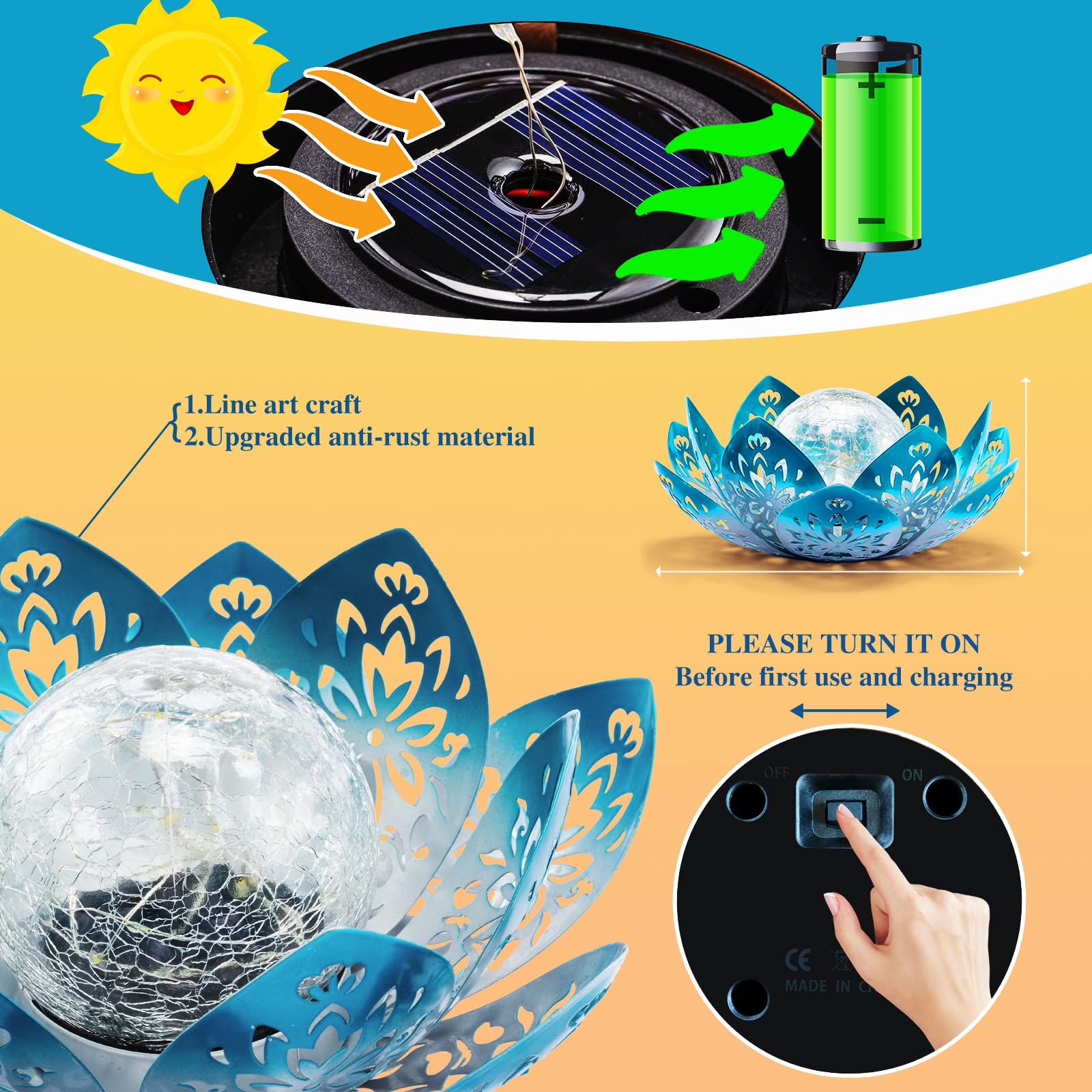 Huaxu Solar Lights Outdoor Decorative - Bright Blue Lotus Flower Table Lamp, Glass Globe 30 Led Waterproof Metal Decorations Gif