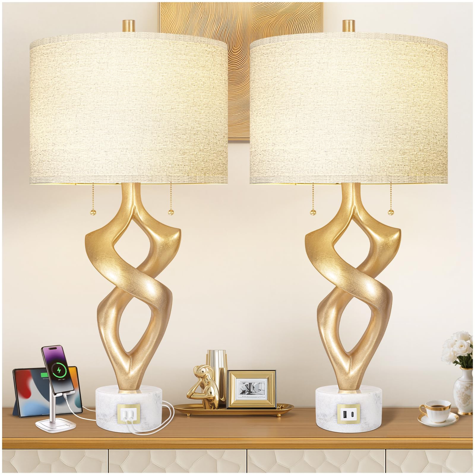 Scenekoy Sculptural Resin Table Lamp Set of 2 with USB Ports for Bedroom Living Room  31  Big Gold Leaf Marble Base Bedside Lamps  Pull Chains Switch Modern Nightstand Lamp for Home Room Decor