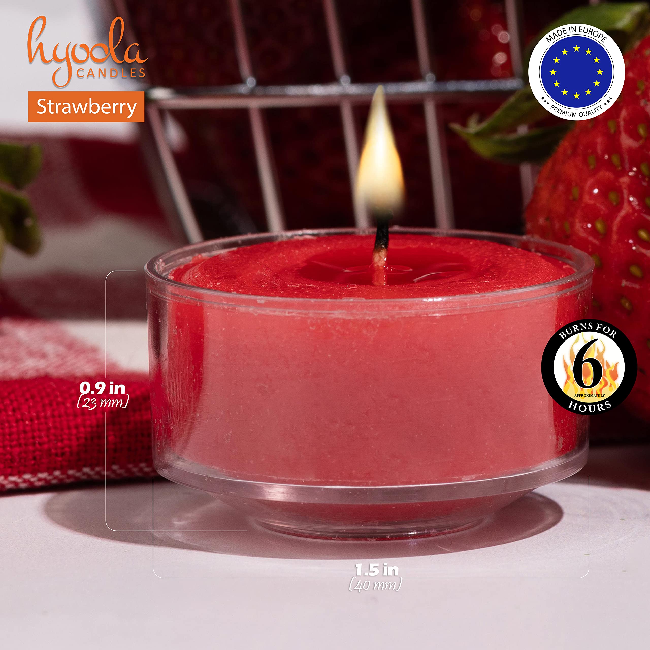 Hyoola Scented Tealight Candles - 15 Pack - Strawberry Red - 6 Hour Burn Time - Clear Cup - Wax - Model H10202