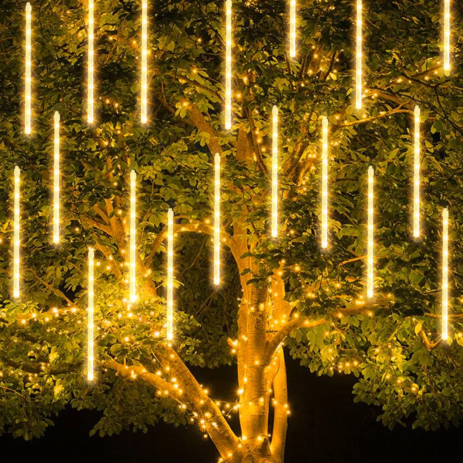 TW SHINE Meteor Shower Lights, 864 LED, 12in Waterproof, 24 Tubes, Warm White