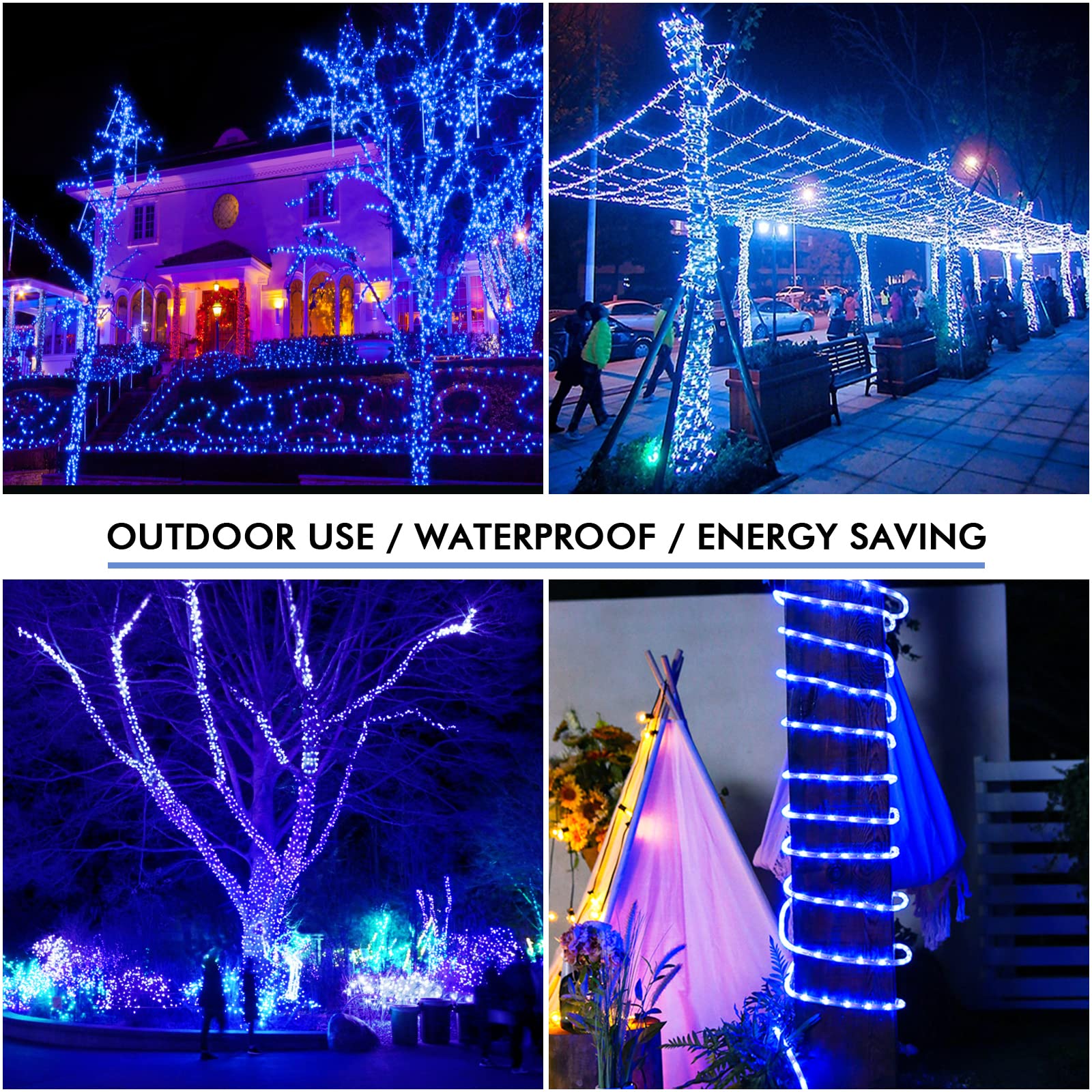 Icrgb Solar Rope Lights, 66Ft 200 Led Outdoor String Lights, Blue Fairy Lights With Remote, 8 Modes, Timing Function, Ip67 Water