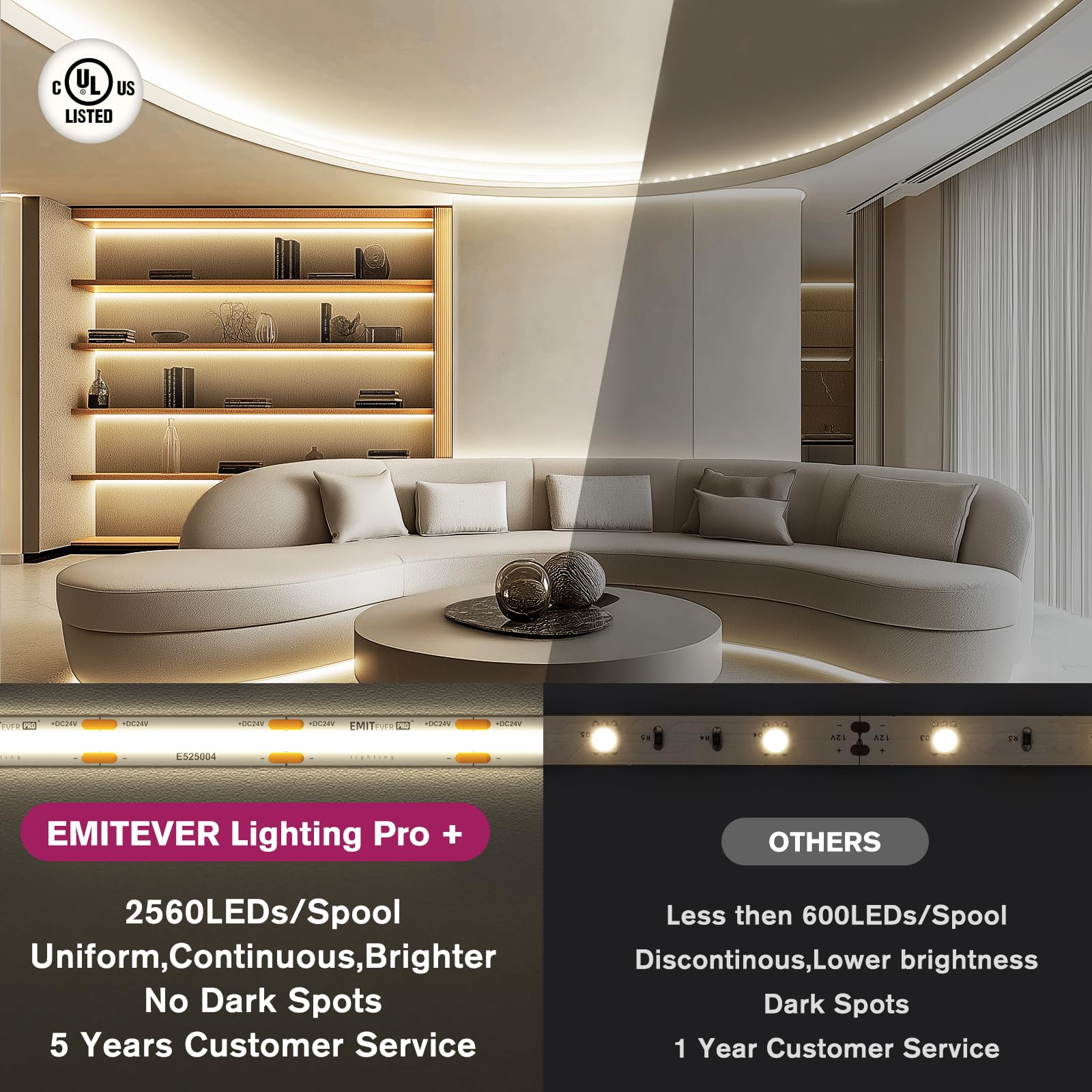 Emitever 16.4Ft Cob Led Strip Lights 4000K, 360+ Lumens, Ul Listed, 256