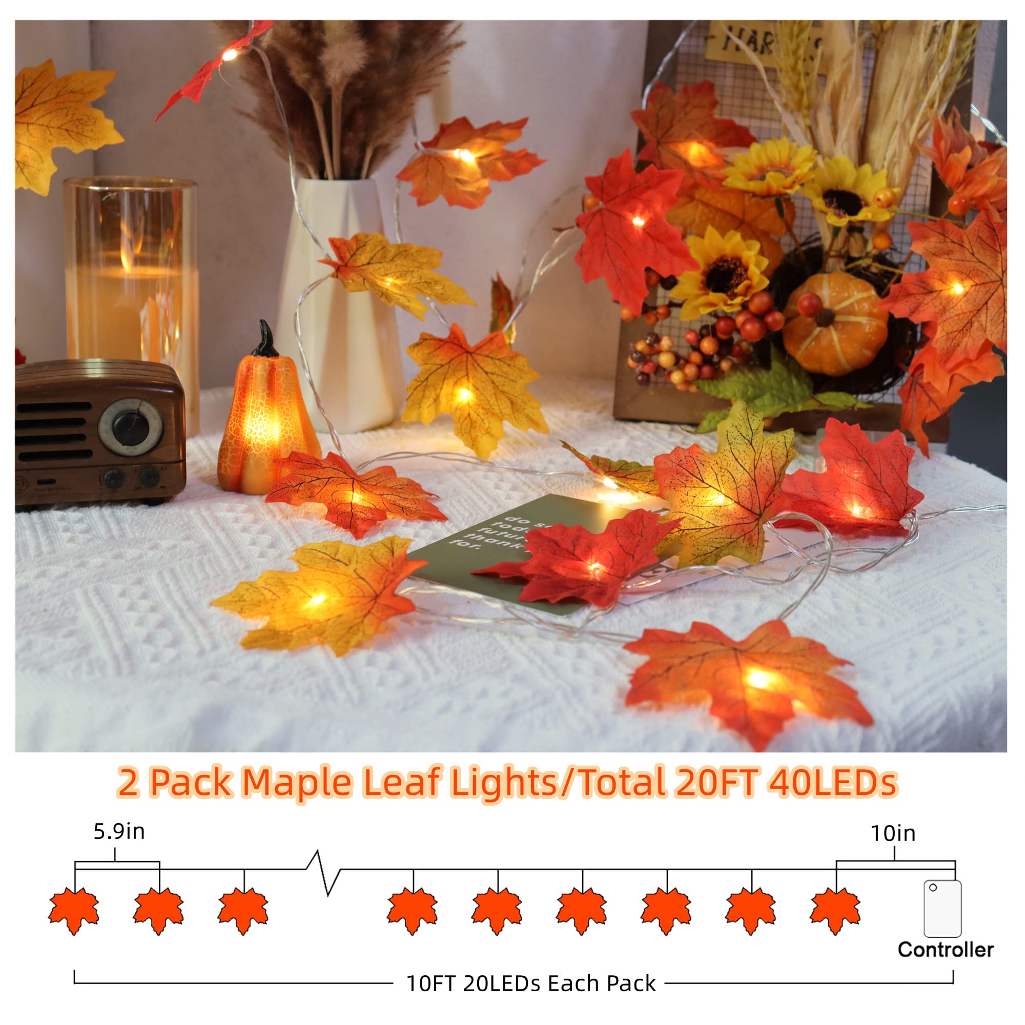 Runleo 2 Pack Maple Leaf Lights - 20Ft 40LED Battery Operated Fall Decor, Orange Copper for Indoor/Outdoor Autumn Harvest