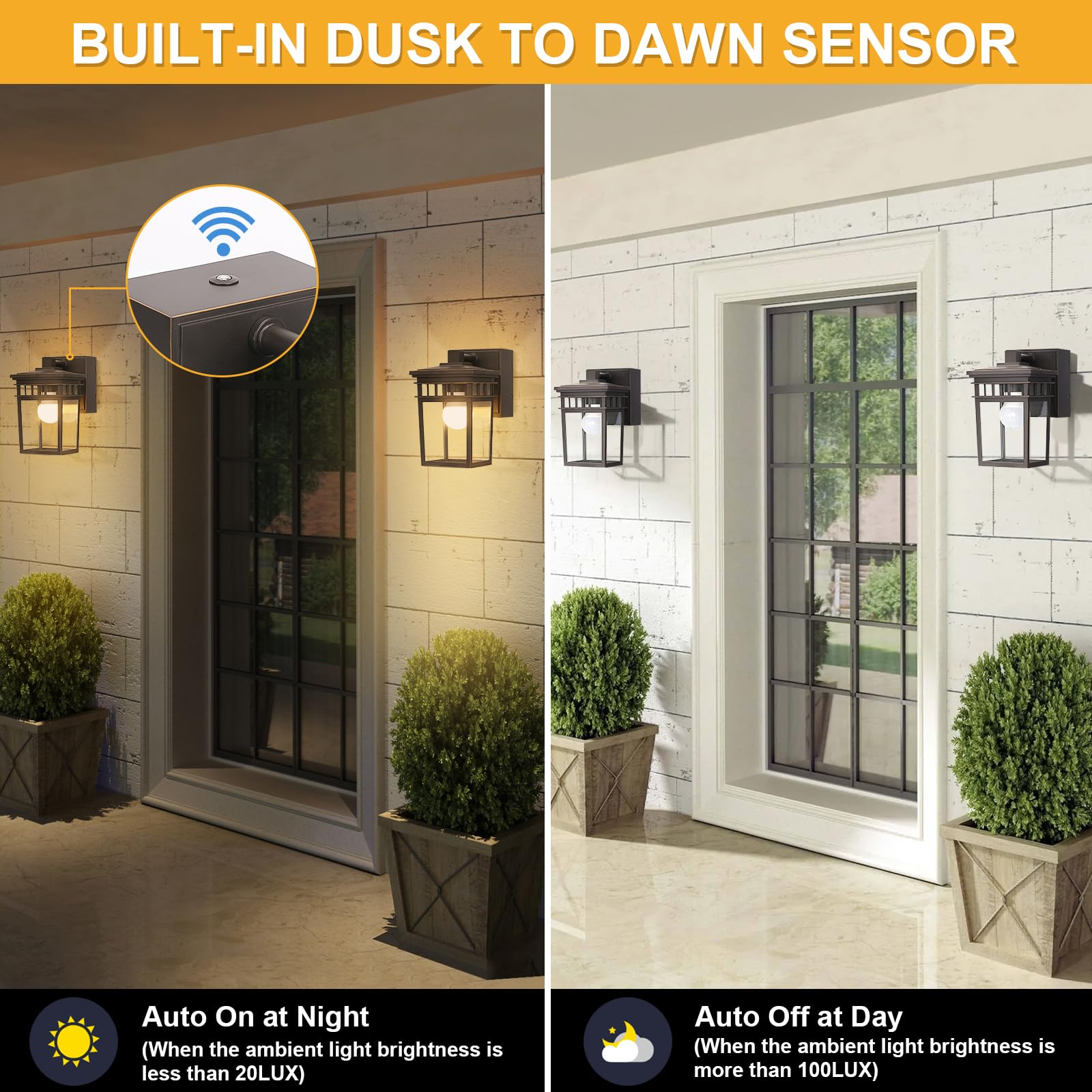 FANDBO 2 Pack Porch Lights, Dusk to Dawn, Waterproof Aluminum Sconces, 9W LED Bulbs Included, Oil-Rubbed Bronze, Model HS405