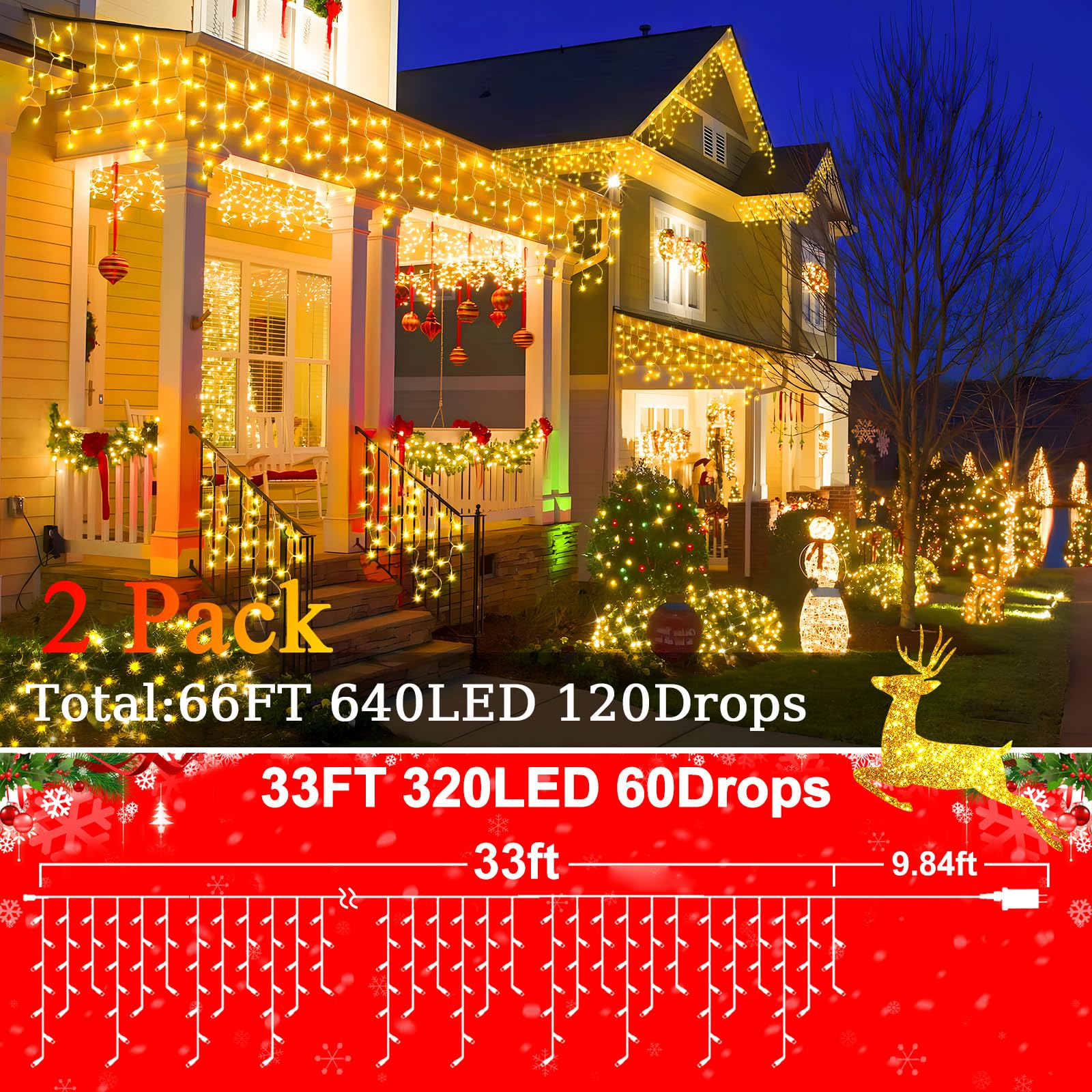 Sauirs 2Pack 320 Led Christmas Lights Outdoor Decorations With 120 Drops Timer 8Mode 66Ft Curtaing Lights Waterproof Plug In Fairy Lights For Indoor Xmas Party Patio Window Trees Decor(Warm White)