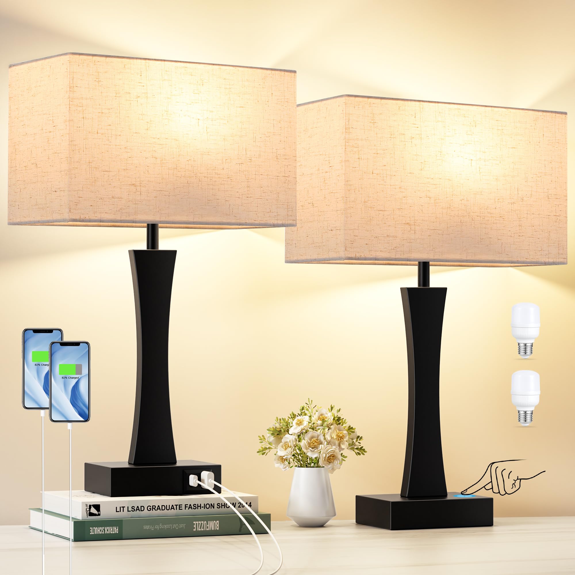 Seealle Bedside Lamps Set of 2 - 3 Way Dimmable, Metal, Cream & Black, Touch Control, USB C+A Ports, Model jinshumian3 3