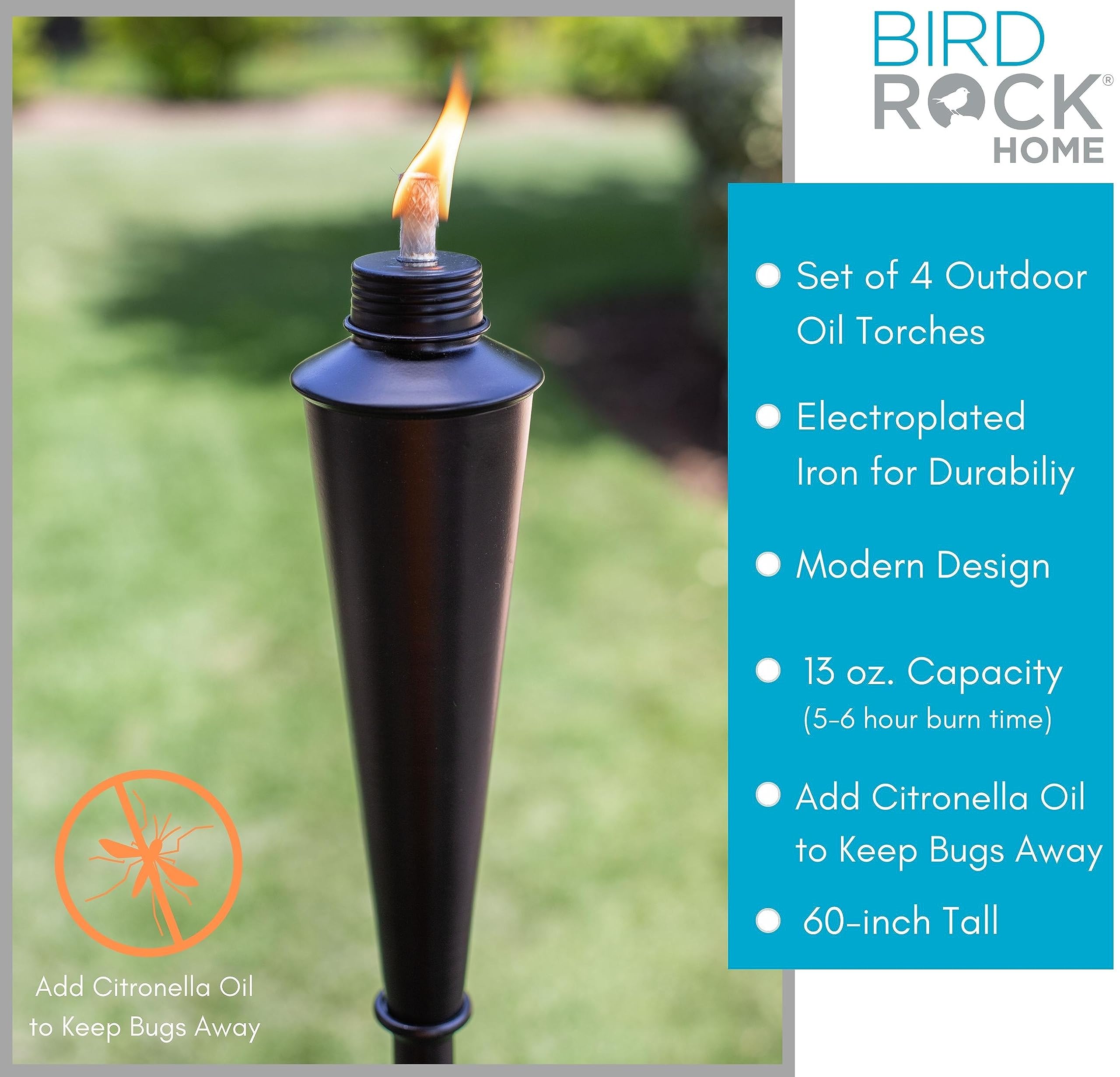 Birdrock Home Outdoor Torches - Durable, Weather Resistant, Citronella Compatible, 4 Pack