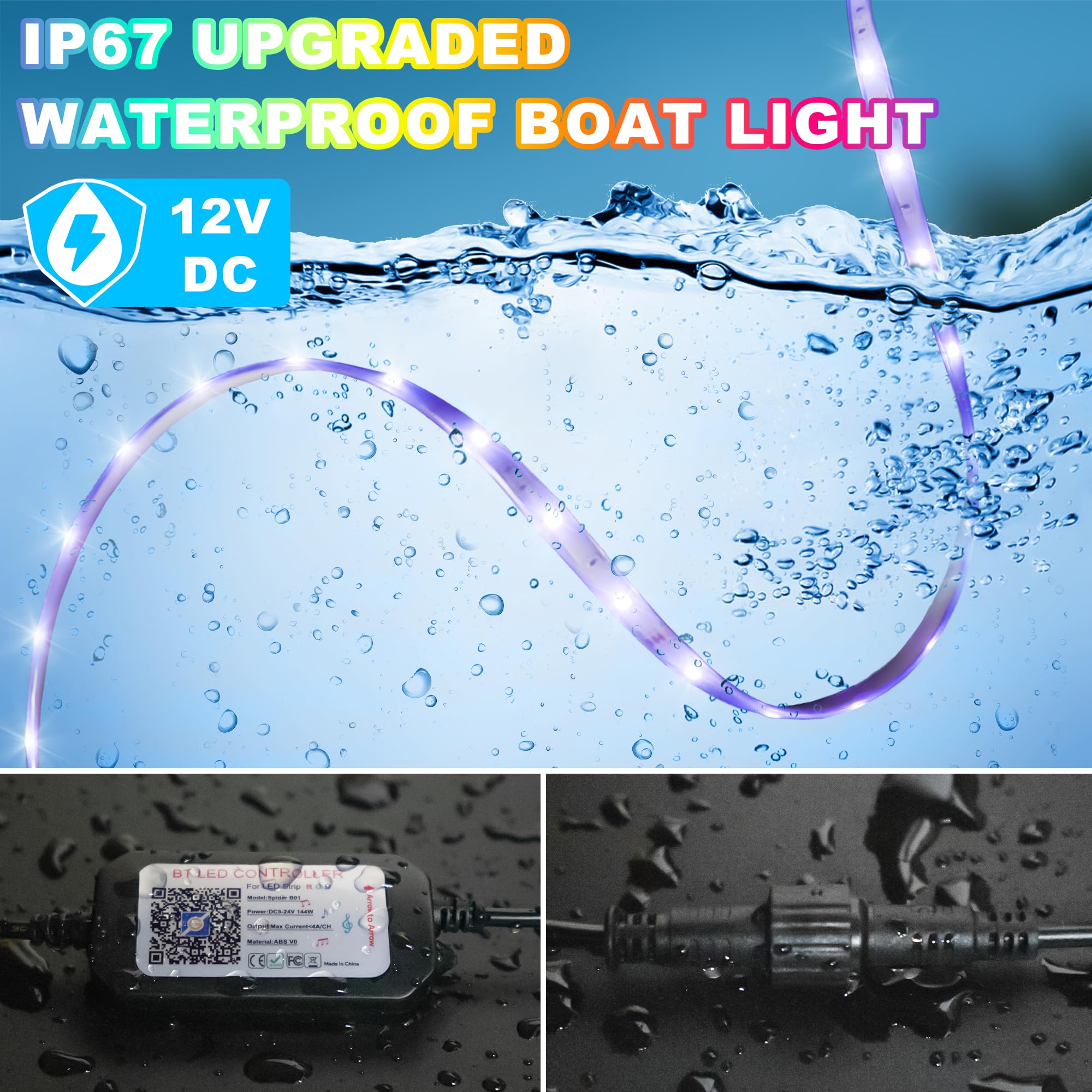 Gliztech LED Boat Lights 33FT RGB Waterproof Strip, 12V IP67 Marine Lighting for Pontoon, Bass, RV, Fishing Kayak - Model 5050-30-RGB