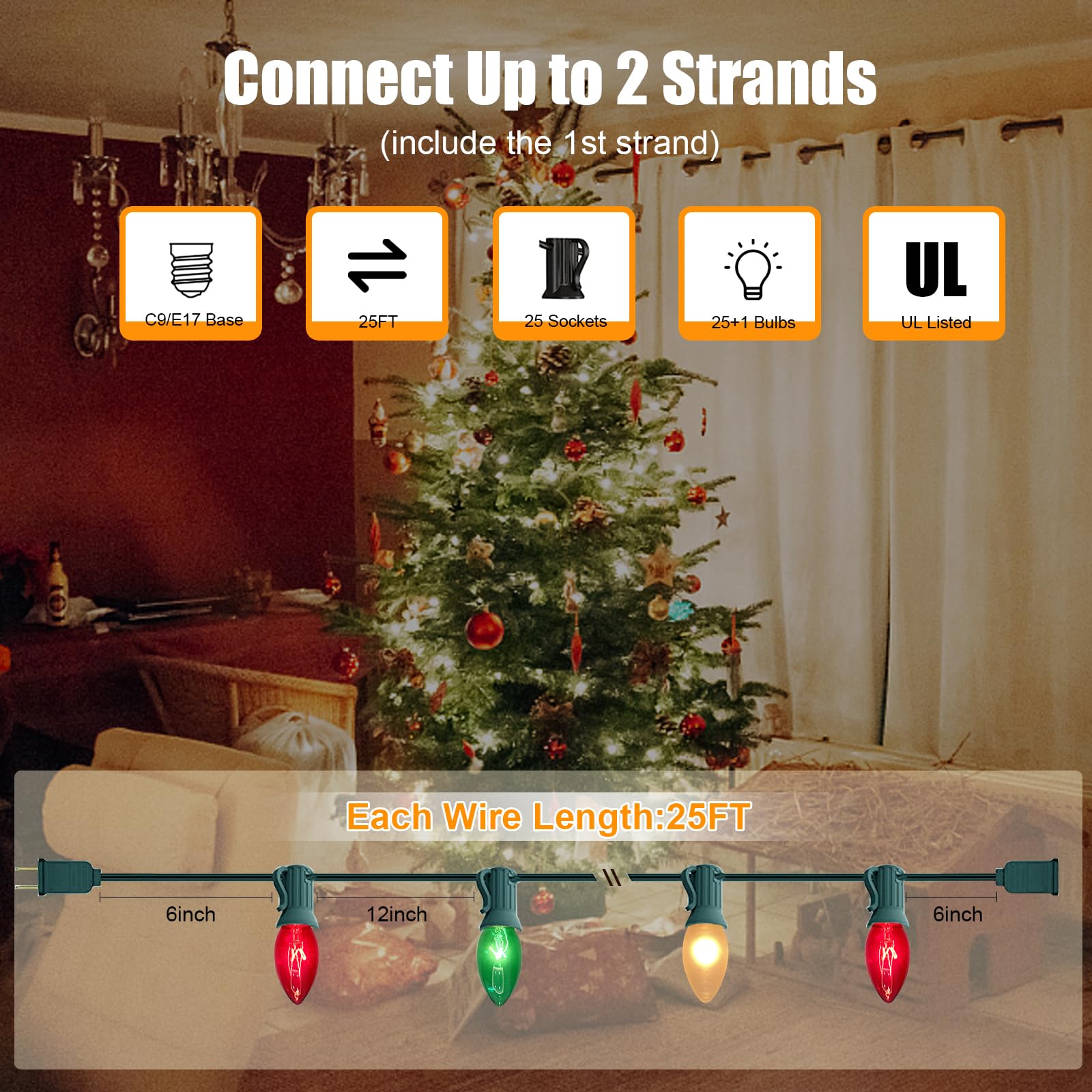 GOOTHY C9 Christmas Lights Outdoor, 25FT Vintage with 26 Clear Multicolor Bulbs, Red/White/Green Glass Decor