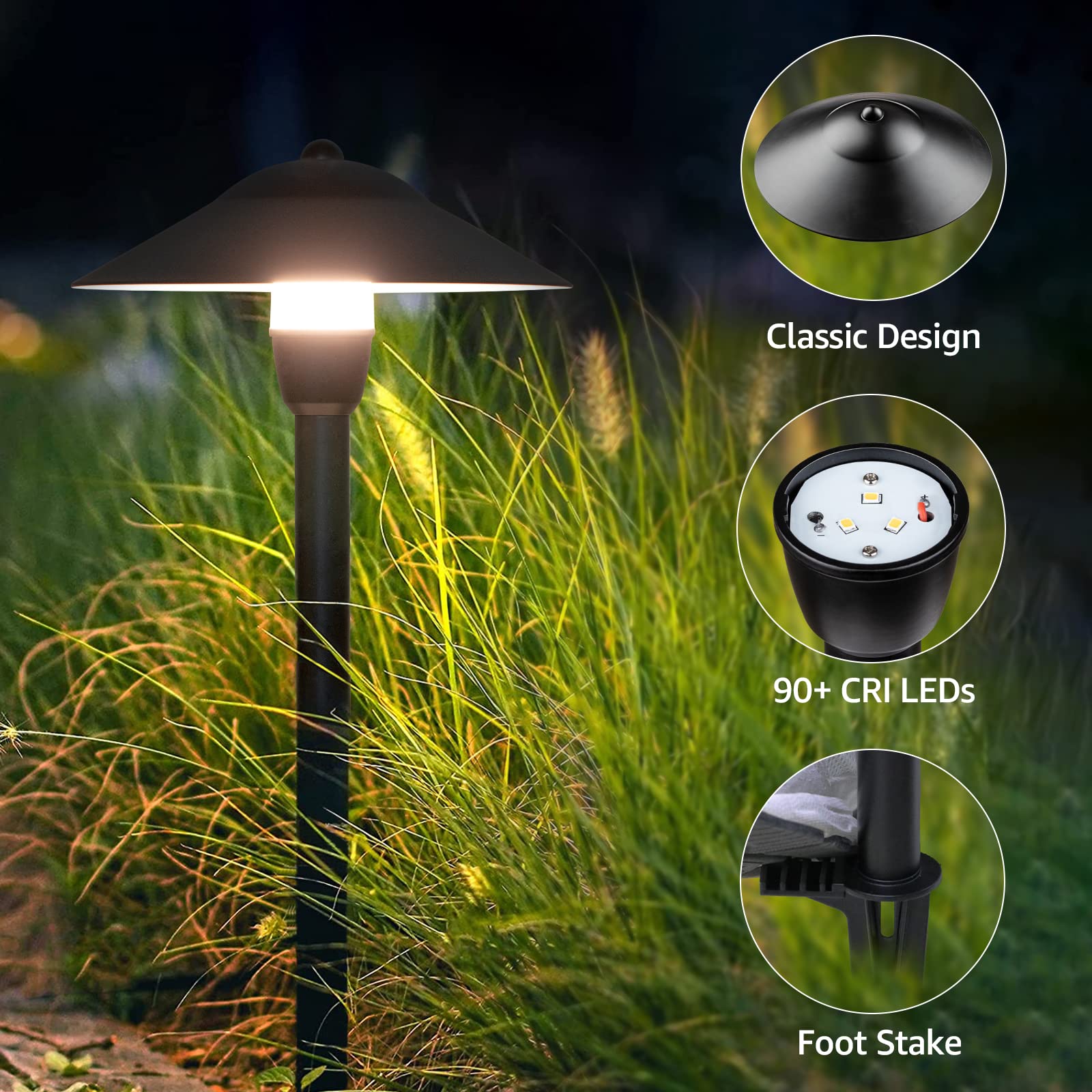 SUNVIE Low Voltage Pathway Lights, 3W LED, 3000K, Cast-Aluminum, Waterproof, Black, 4 Pack