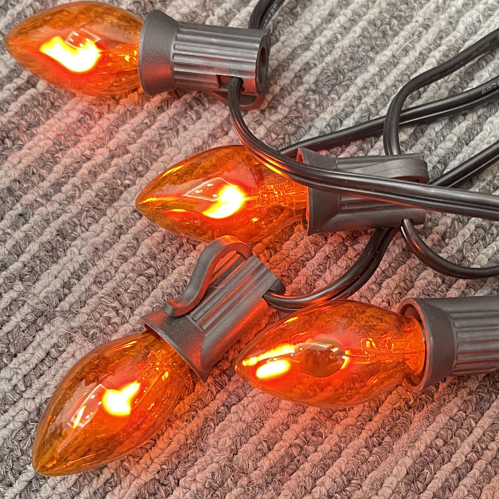 SUNSGNE C7 Outdoor String Lights with 27 Orange Flame Bulbs, 25FT, E12 Base, Black Wire, Halloween Christmas Decor