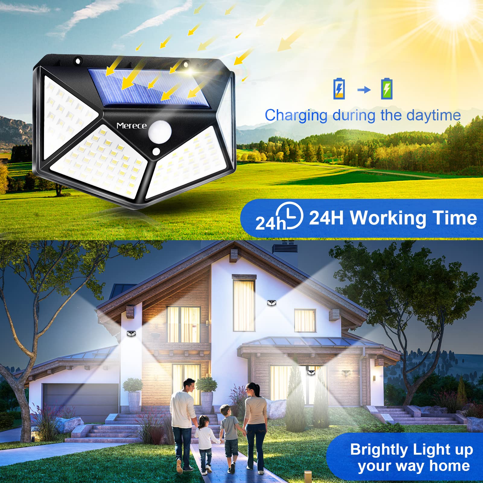 Merece Light Solar Outdoor 6-Pack, 100Led Motion Sensor Wall Lights, Ip65 Waterproof