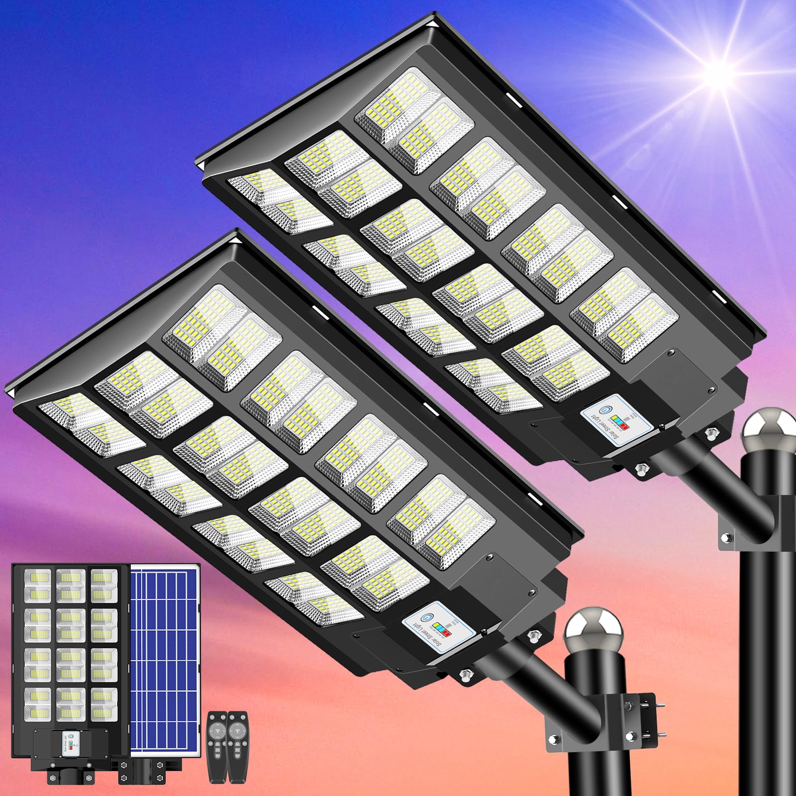 Cedio Solar Street Lights - 4600W 300000 Lumens Waterproof Motion Sensor - 2 Pack Black