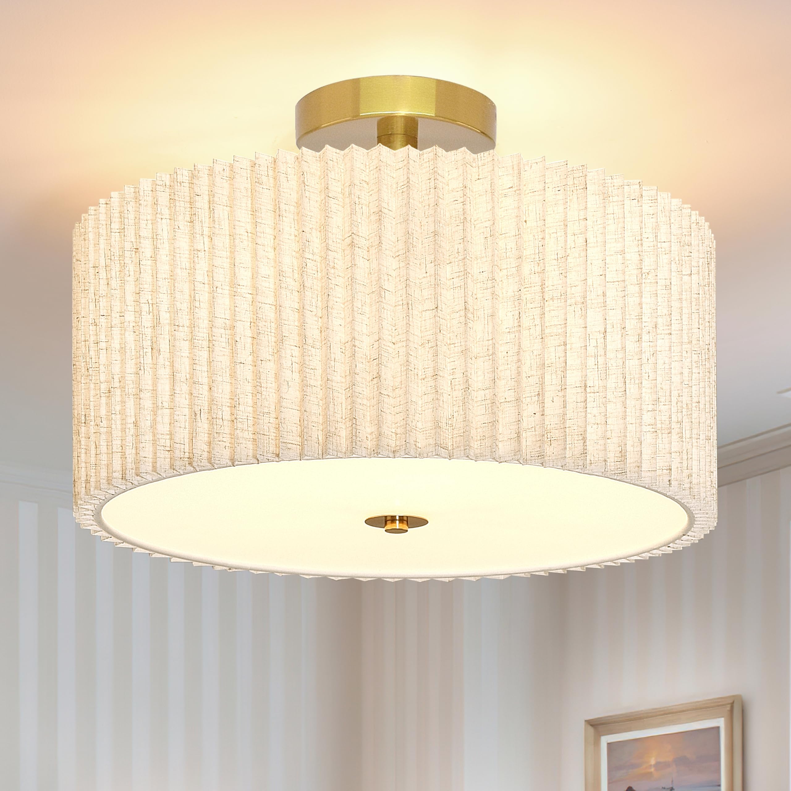 3 Light Semi Flush Mount Ceiling Light Fixture Drum Ceiling Light With Pleated Fabric Shade Gold Semi Flush Mount Ceiling Light 