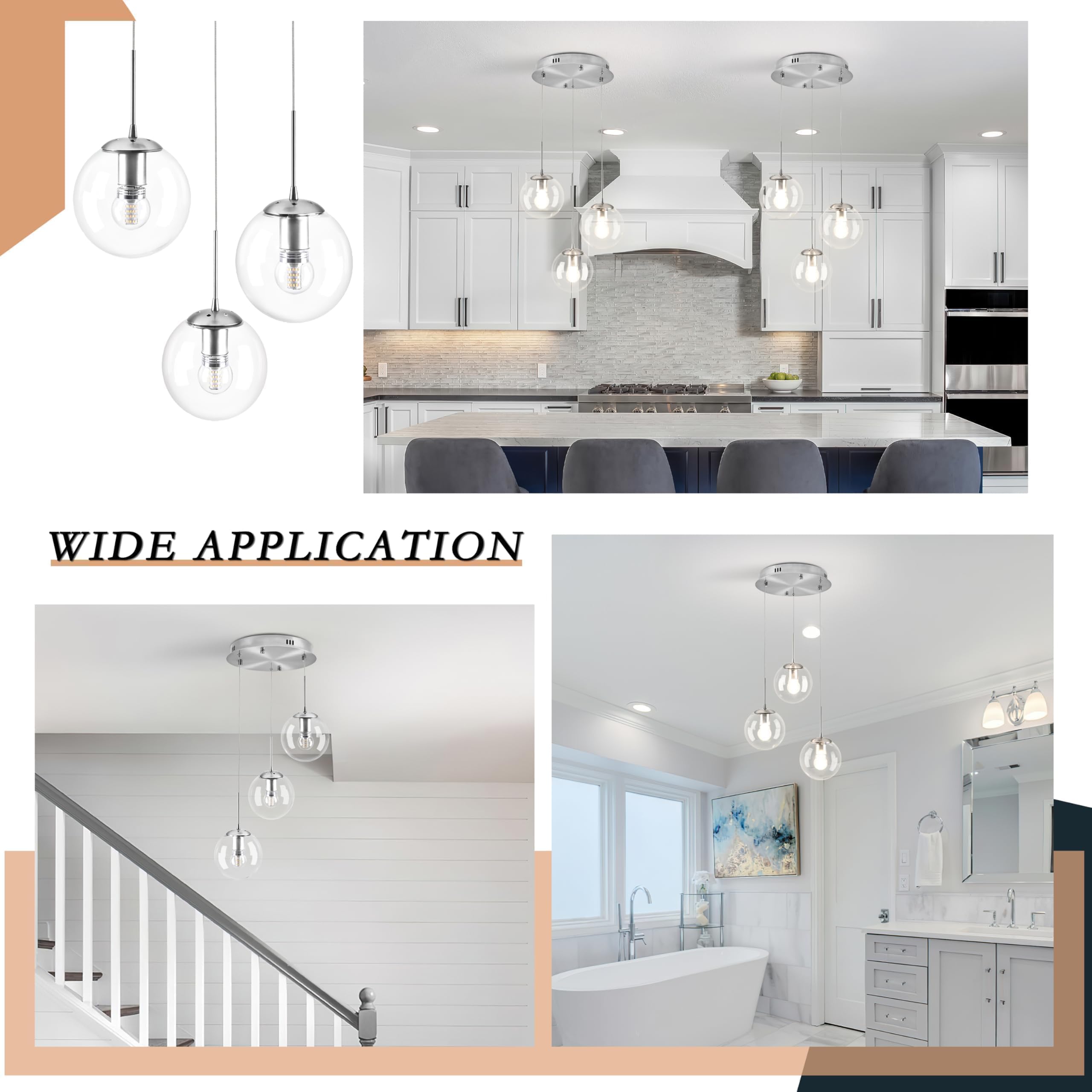 Koko&Yukina 3-Light Globe Glass Pendant Light Modern Nickel Clear Globe Glass Chandelier Adjustable Length Pendant Lights Fixtur