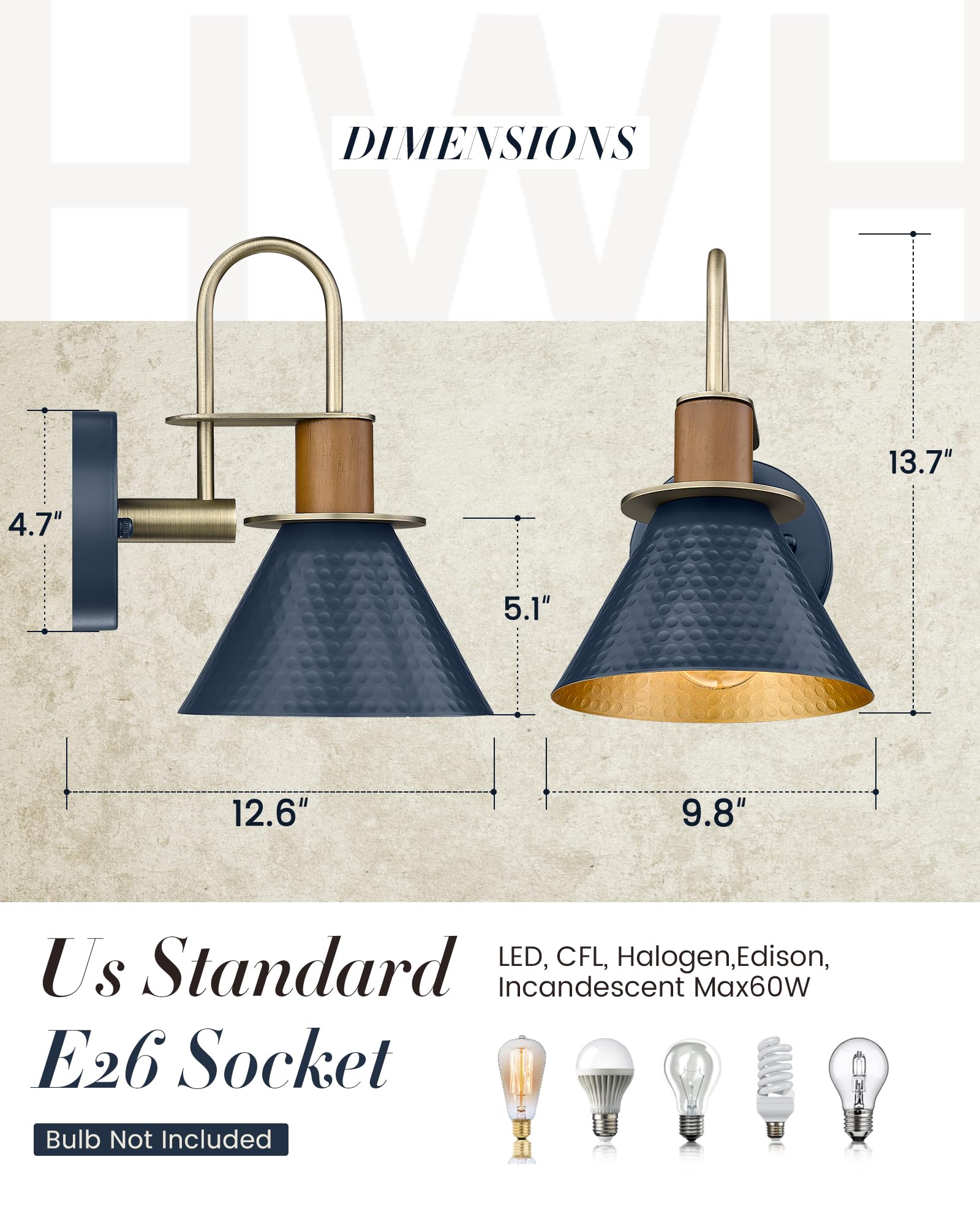 Hwh Rustic Wall Sconces Set Of 2, Hammered Metal, Navy Blue Gooseneck Light For Bathroom/Bedroom