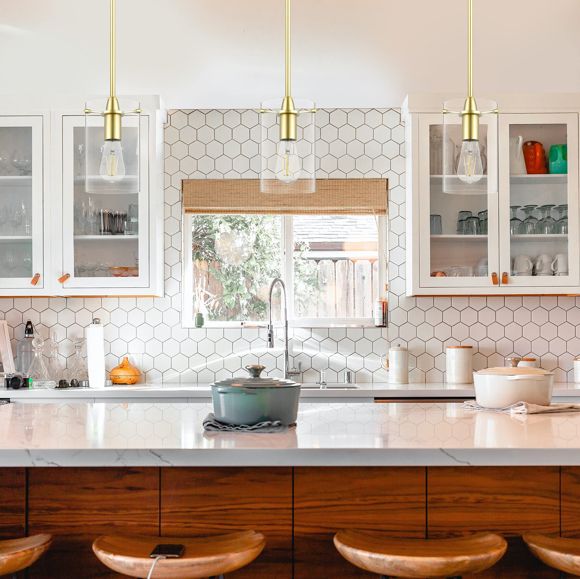 Satin Brass Pendant Lights Kitchen Island - Medium Clear Glass Pendant Light Fixture