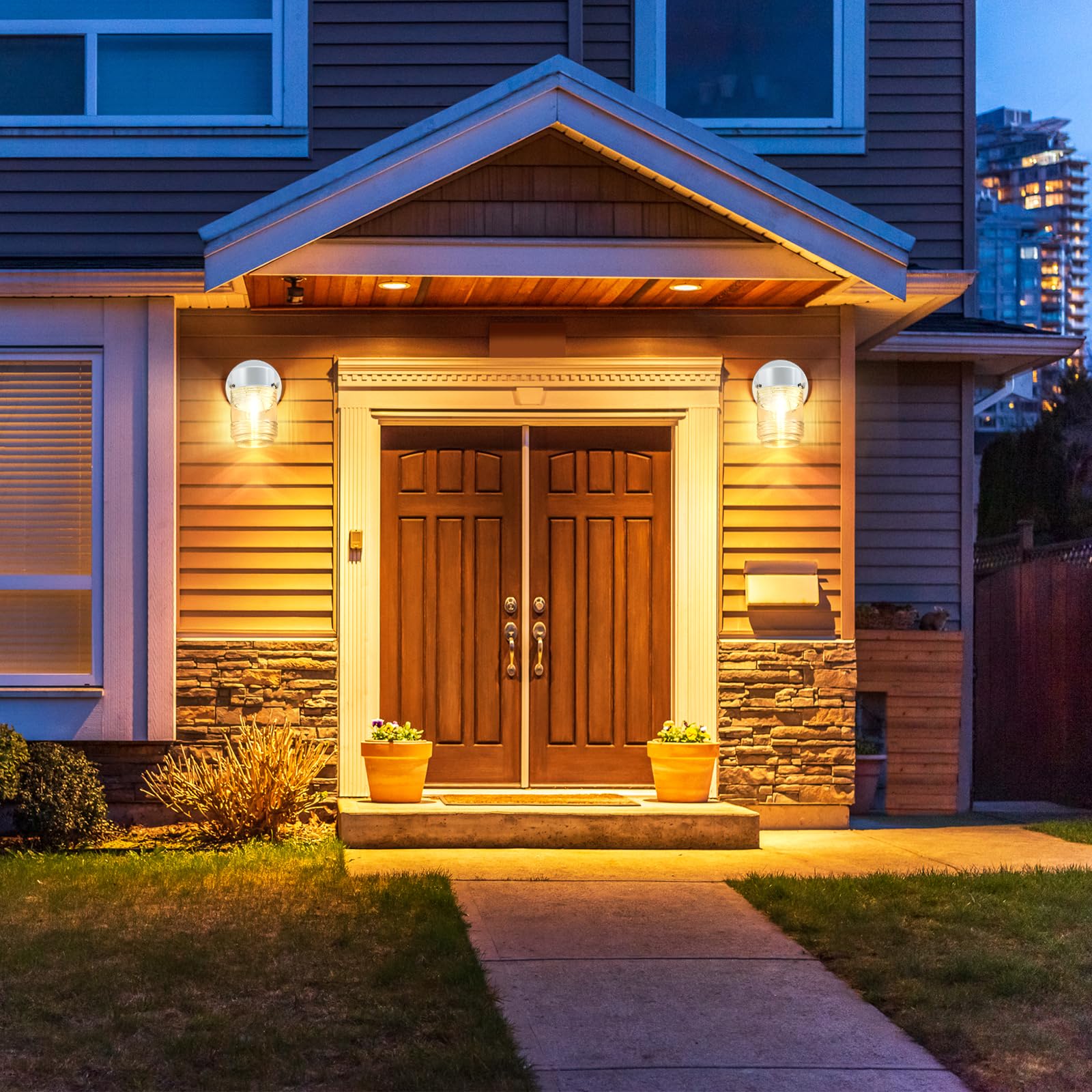 Ejiaxin 2 Pack Outdoor Wall Lantern - White Exterior Waterproof Wall Sconce Light Fixtures - Porch Lights Front Door Wall Lighting With Clear Glass Shade E26 Socket Wall Lamp For Patio Entryway