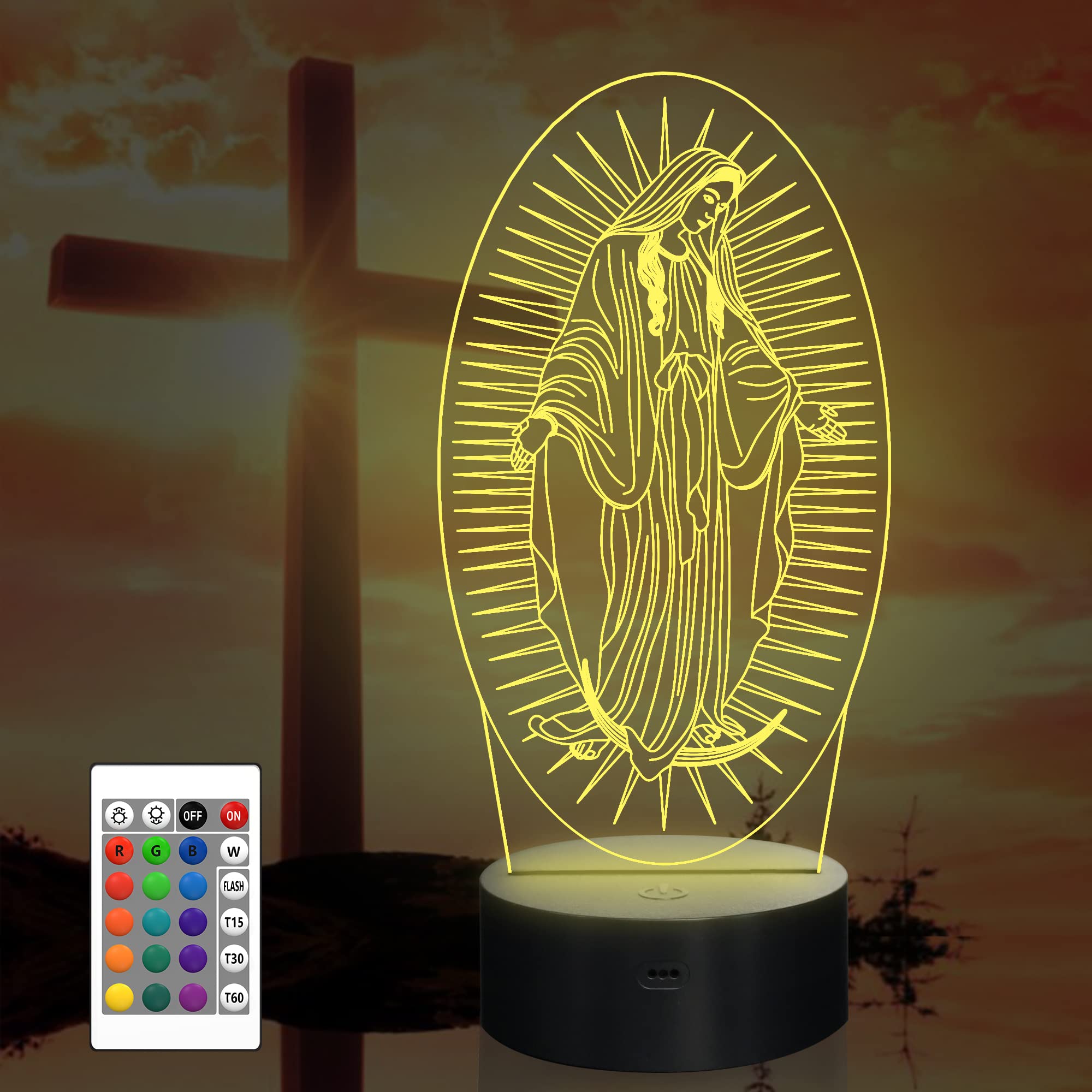 Attivolife Virgin Mary Gifts, 3D Our Lady Night Light Illusion Hologram Lamp 16 Color Changing with Remote Control + Timer, LED 