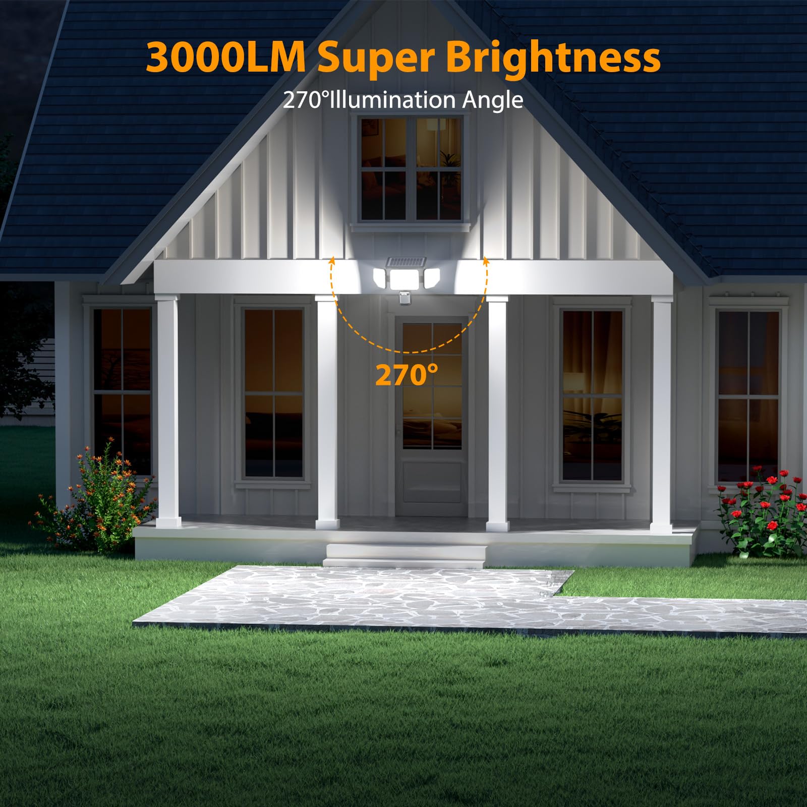 Onforu 3000Lm Solar Lights Outdoor, 258 Led 3 Heads Security Lights With Remote Control, Ip65 Waterproof Motion Sensor Lights, 3