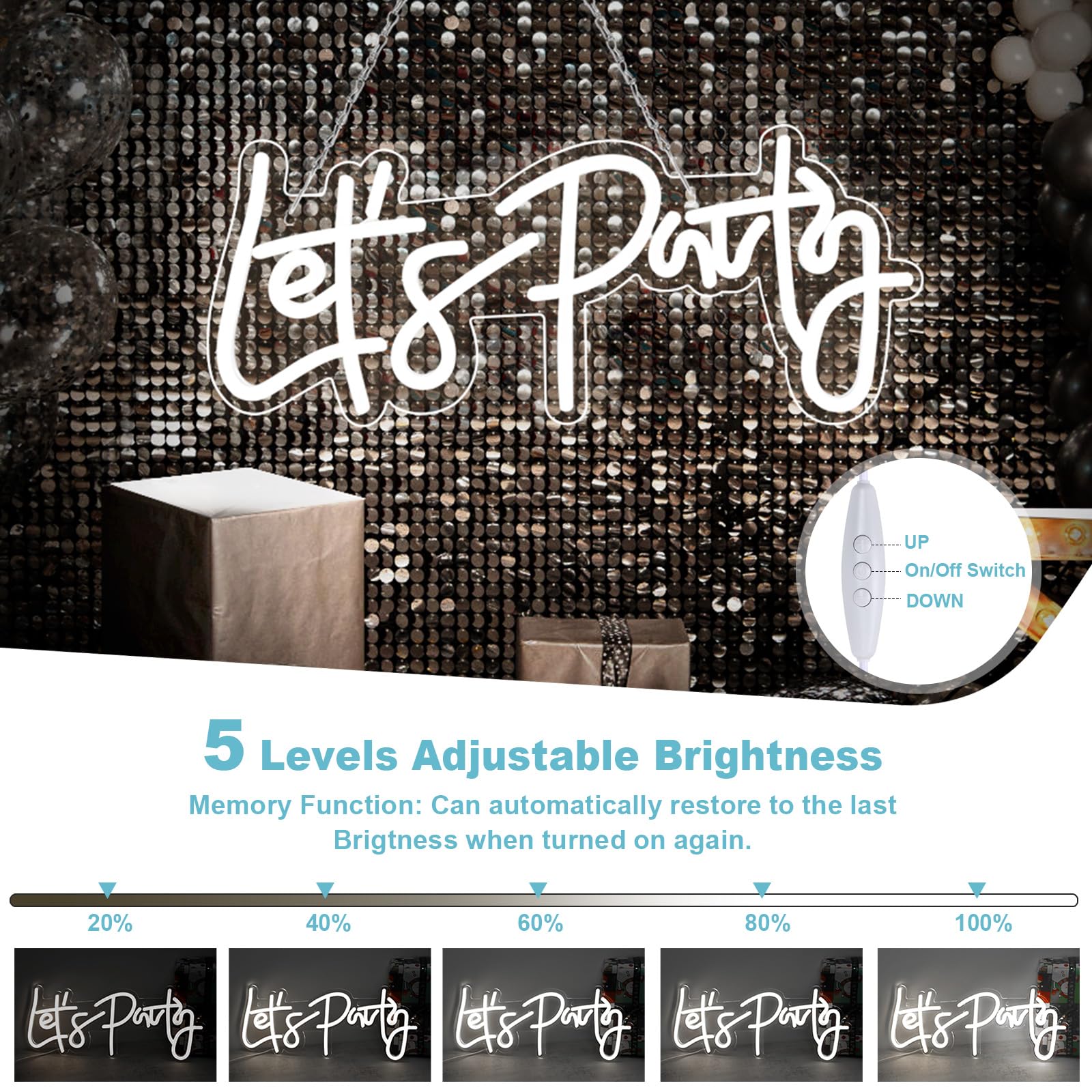 SERBASIC Lets Party Neon Sign - Dimmable LED Light, 16in x7in , White, USB Powered, Transparent Acrylic Panel