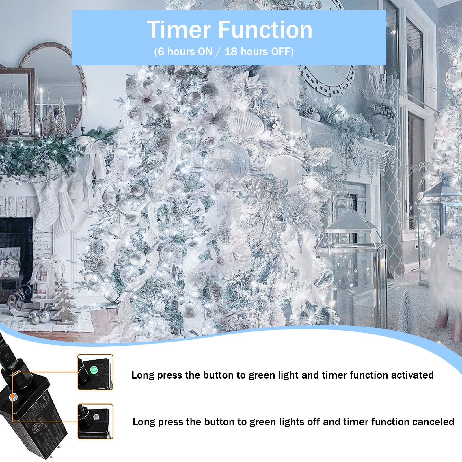 YIQU 300 LED Christmas String Lights, Cool White, Green Wire, Waterproof, 8 Modes, Memory Timer, Model MLS-D29V6WUC-O