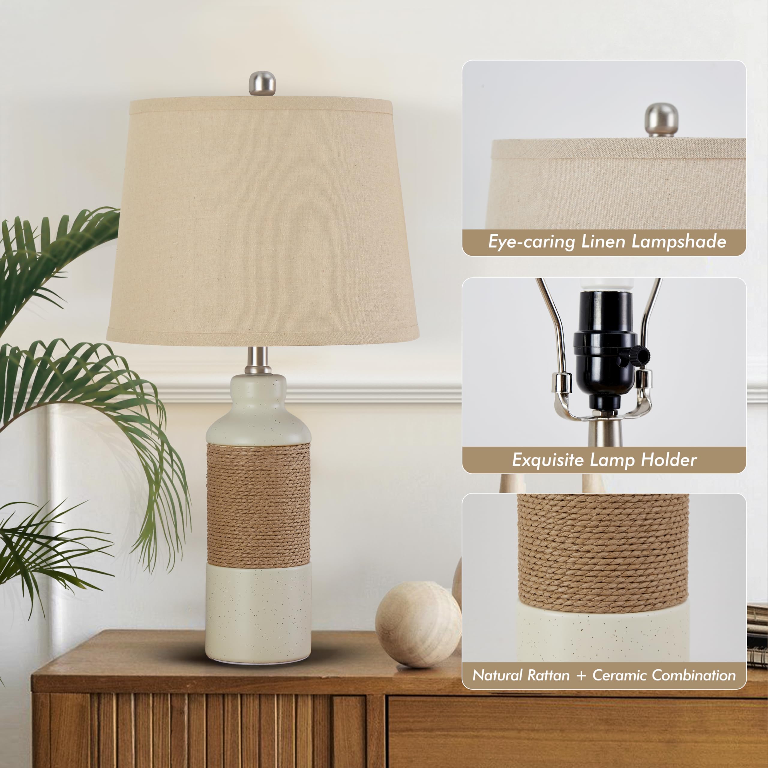 Gyrovu Boho Rattan Table Lamp Set Of 2, 3 Color Temperature Bedside Lamps, Lamps For Night Stands, Vintage Farmhouse Rattan Tabl