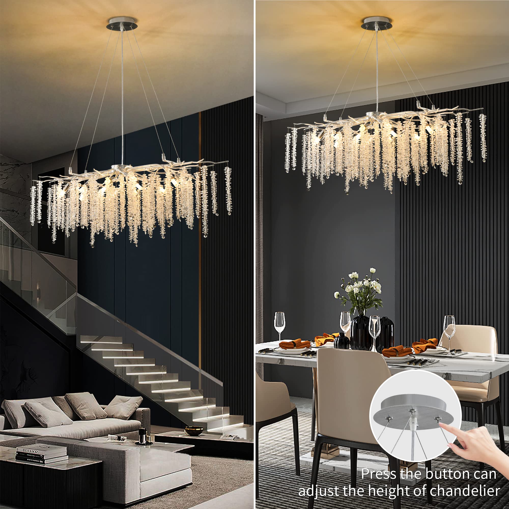 Upfelw Modern Rectangle Crystal Tree Branch Chandelier, L43'' Large Silver Linear Raindrop Indoor Hanging Pendant Light Fixture