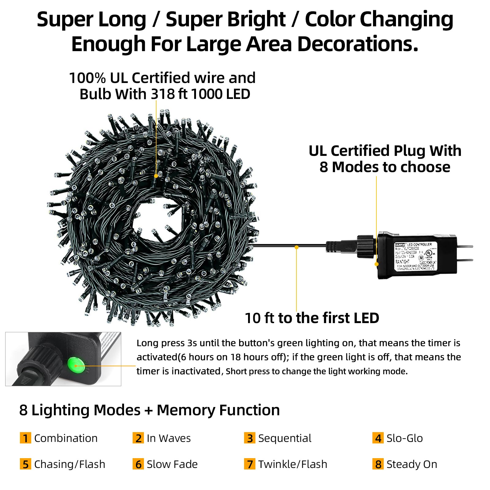 Outylts 1000 Led 328Ft 8 Modes With Timer Christmas String Lights Ip55 Outdoor Waterproof Ul Certificated Indoor Fairy Lights Garden Patio Wedding Christma Trees Parties Decoration Multicolor