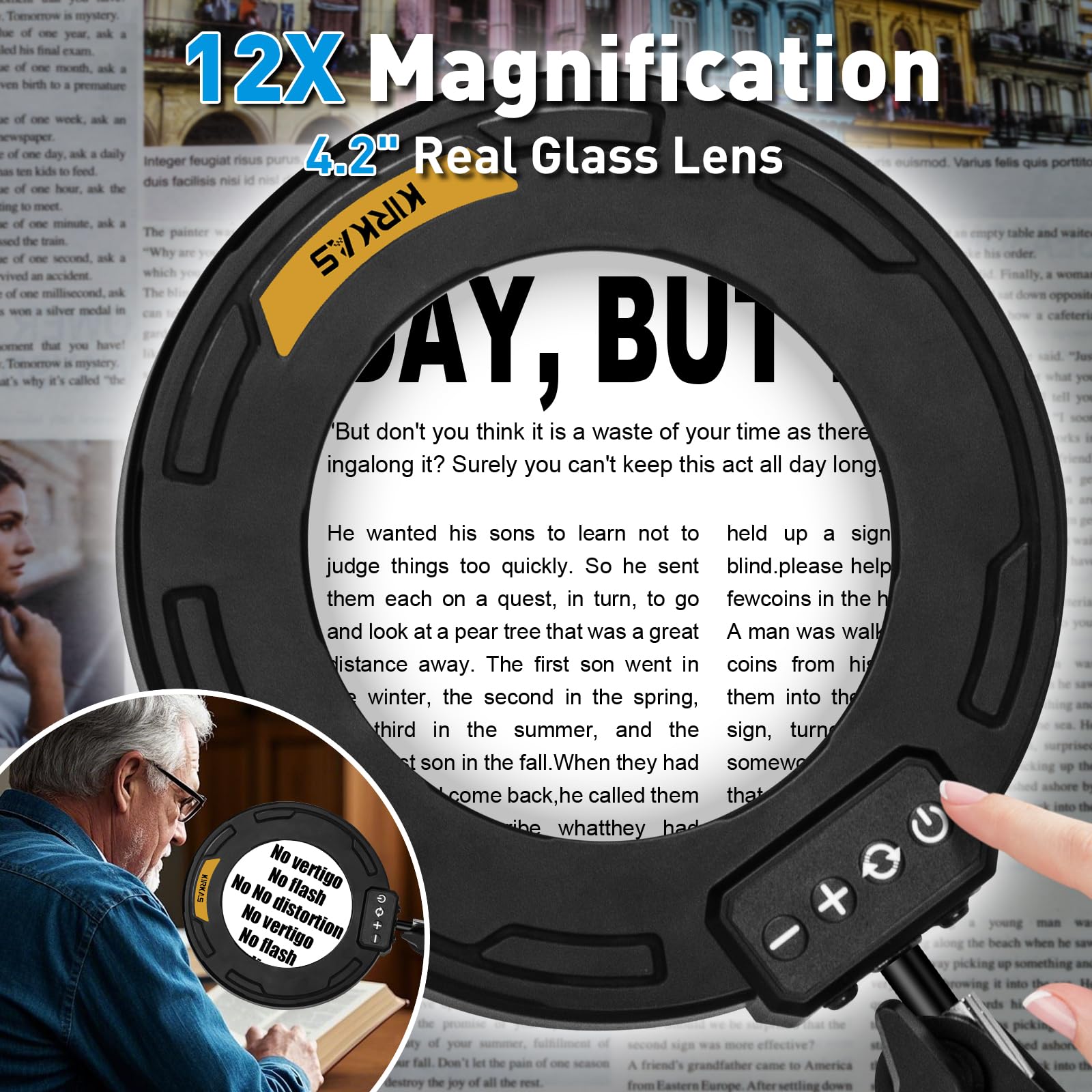Kirkas 12X Magnifying Glass With Light Large Clamp, Real Glass Lens Lighted Magnifying Lamp, 3 Section Swing Arm And 5 Color Mod