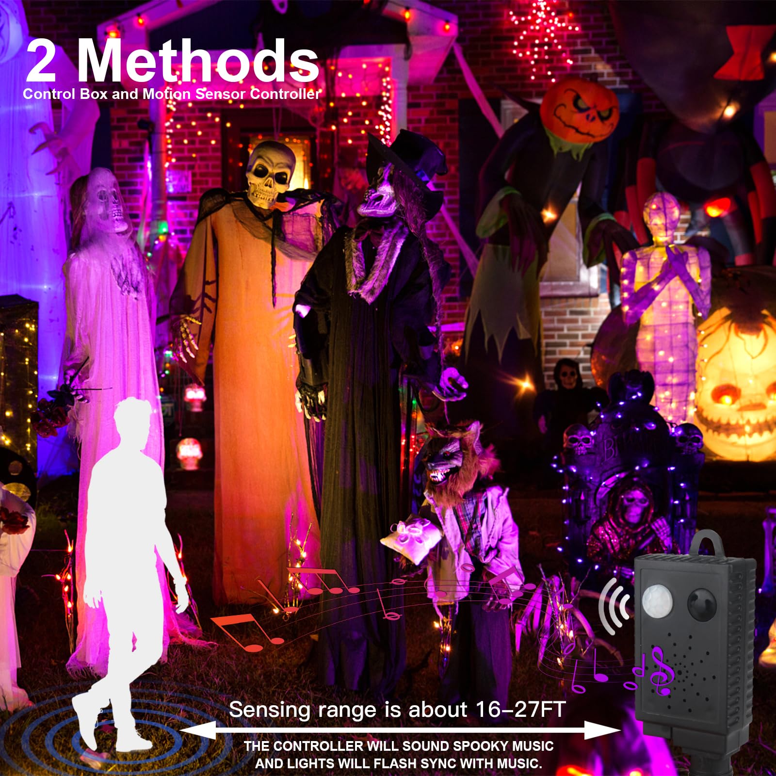 XTF2015 Halloween String Lights, 105FT, 300 LED, Music Purple+Orange, Waterproof, Model QL300AE, Indoor/Outdoor Decor