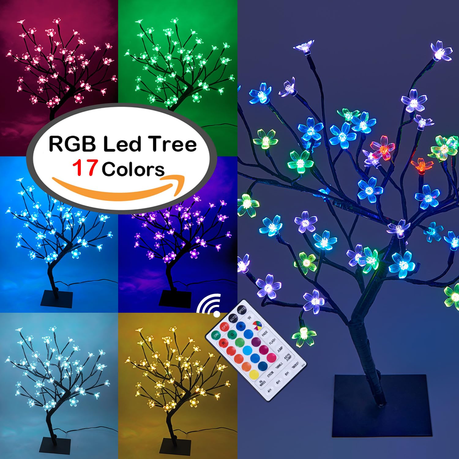 LIGHTSHARE 18" Cherry Blossom Bonsai Tree with 48 RGB LED Lights, Remote Control, 16 Color Modes, Metal Base, 24V Adapter