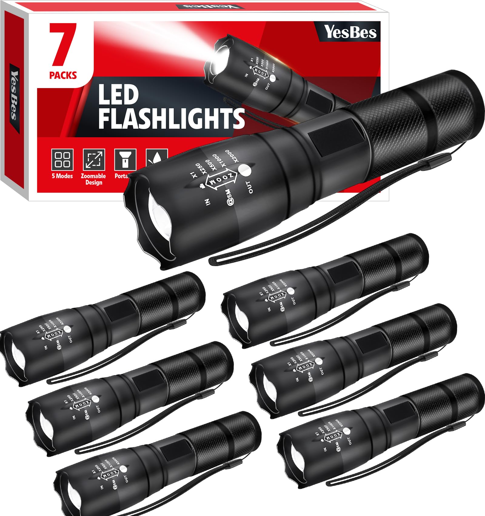 YesBes 7 Pack Small LED Flashlights High Lumens  Tactical Flashlight with 5 Modes  Waterproof Zoomable Flash Light  Small Flashlight for Camping Home Emergencies  Hunting Camping Essentials