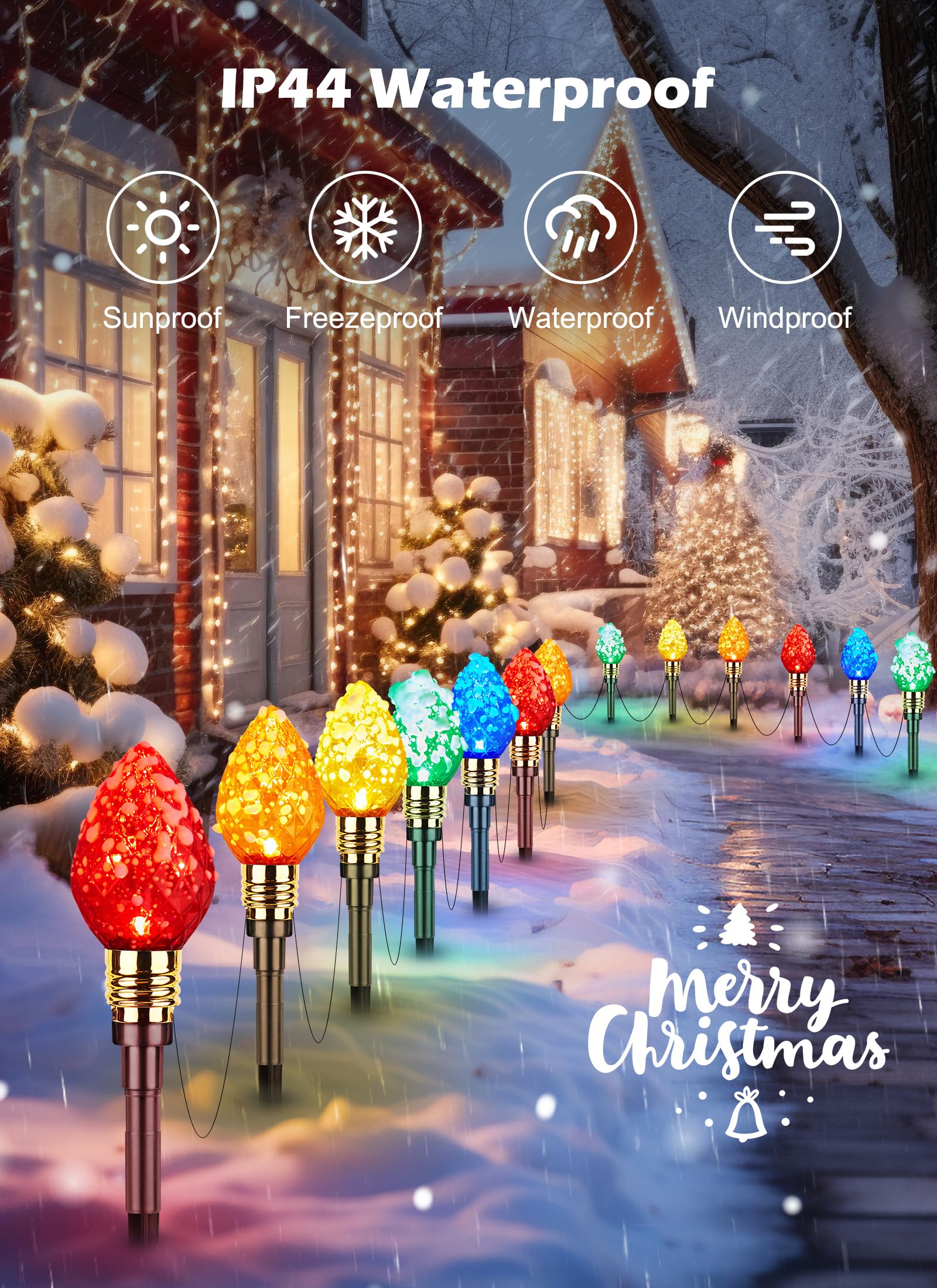 Brightown C9 Christmas Pathway Lights - 2 Pack, 34.8 Feet, Multicolor LED Outdoor Decorations for Lawn Holiday Yard