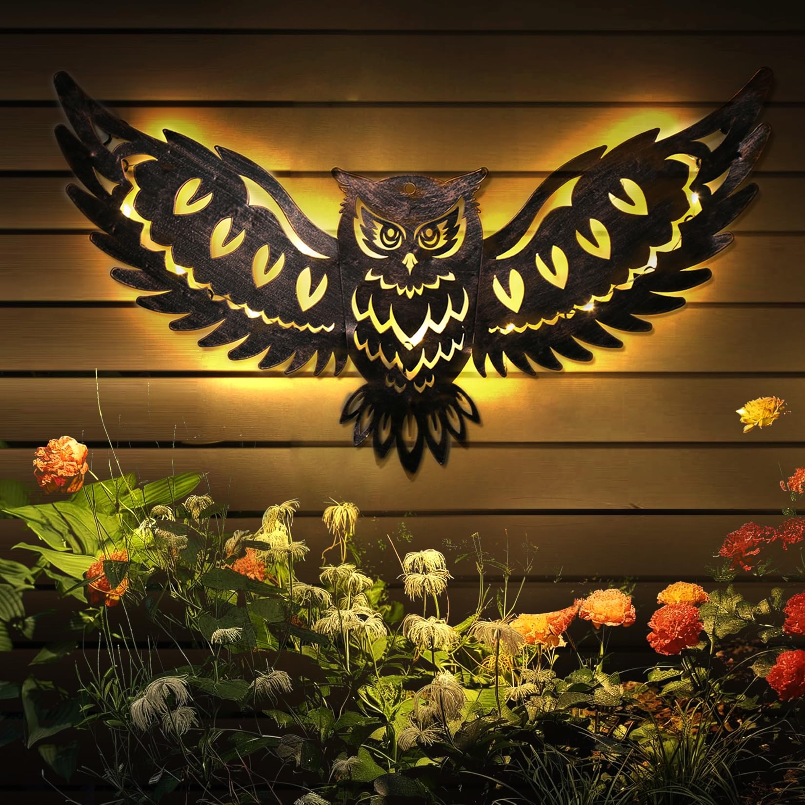 Diinor Solar Outdoor Wall Decor Lights Owl Hanging Solar Lights Outdoor Metal Solar Garden Lights Porch Patio Yard Decorative Large 23.62Inch Warm White