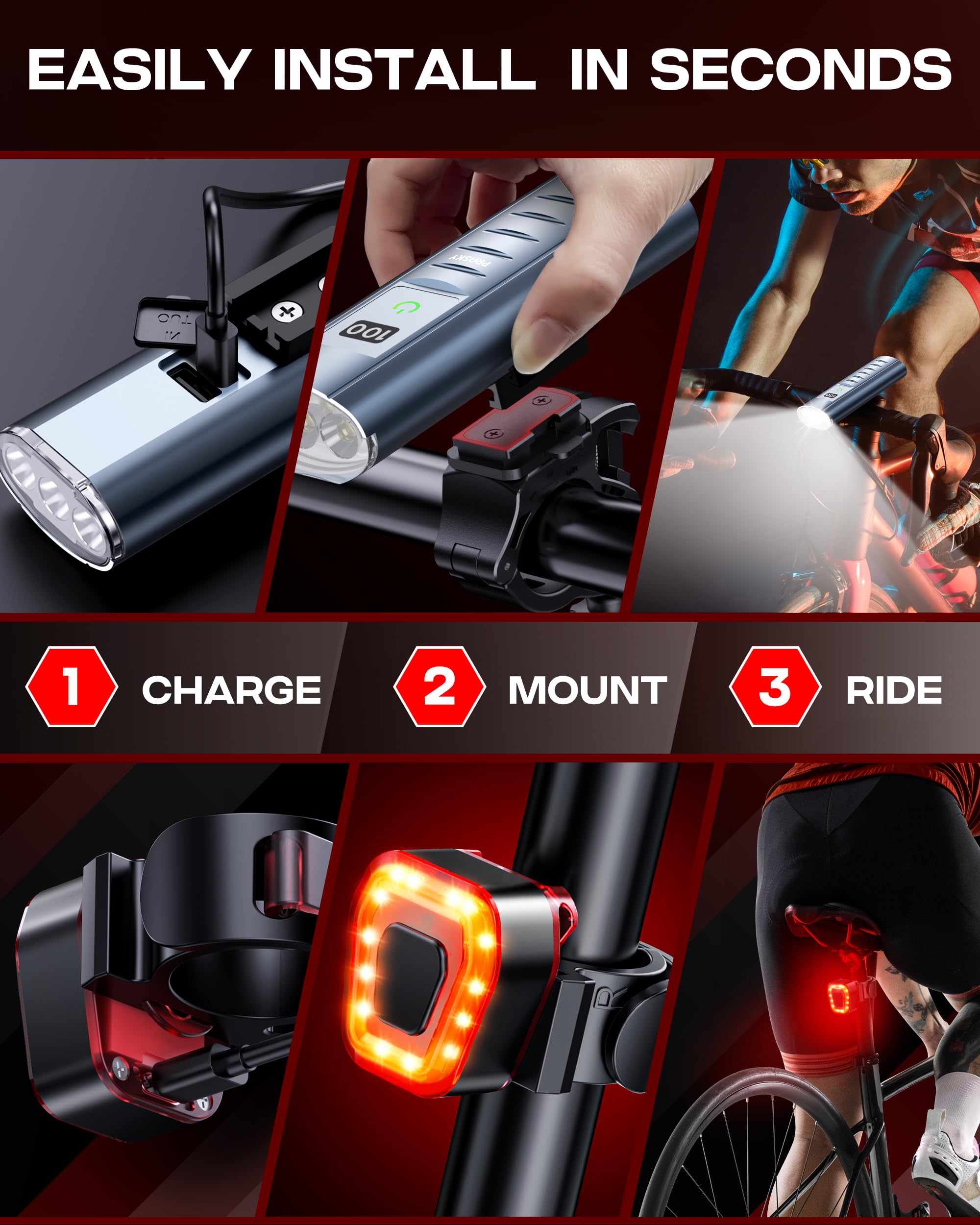 Prasky High Lumen Bike Light Set - Rechargeable LED Headlight & Taillight, IP65 Waterproof, Blue
