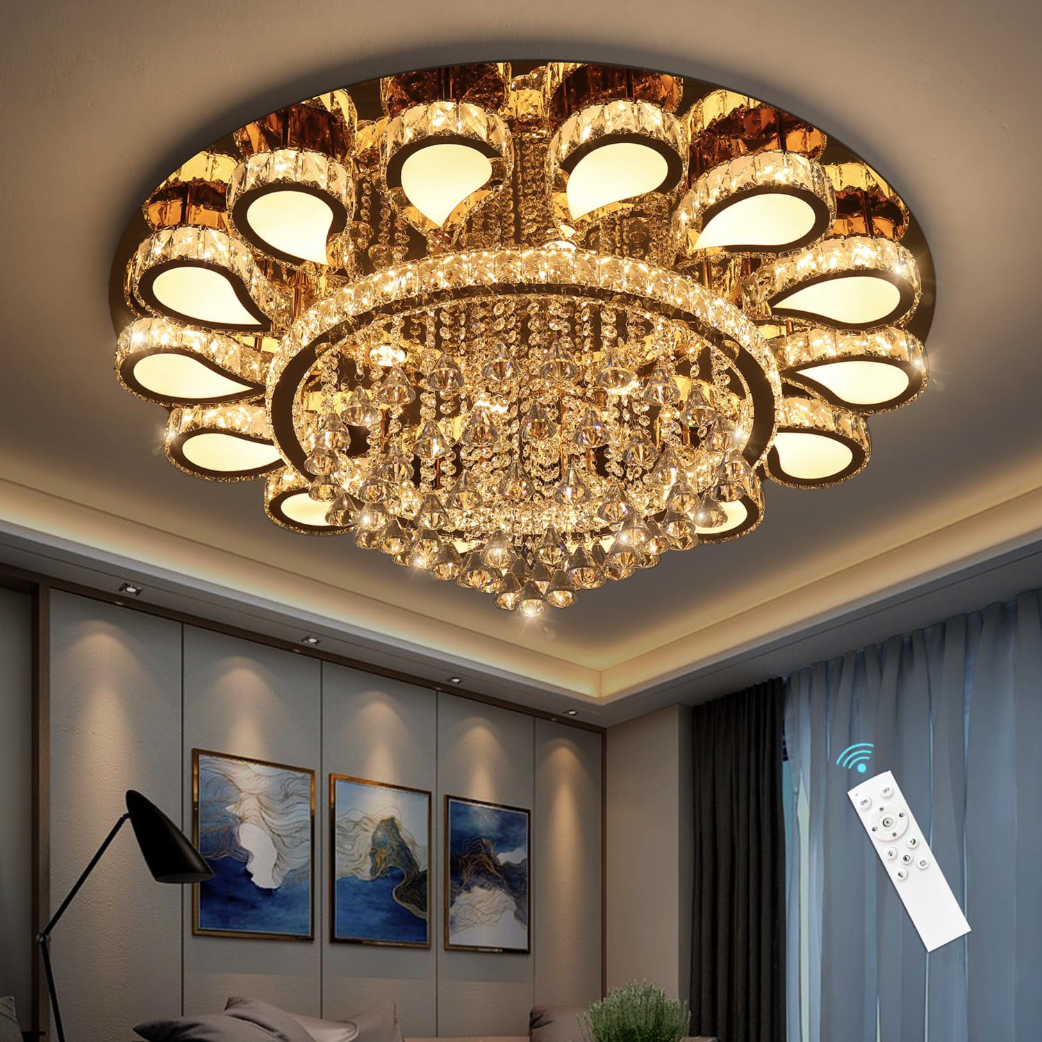HAIXIANG Glam Crystal Chandelier for Living Room Dining Room Lights Sloped Ceiling Light Fixtures Elegant Modern Remote Dimmbale Lighting Gold 40 Inches