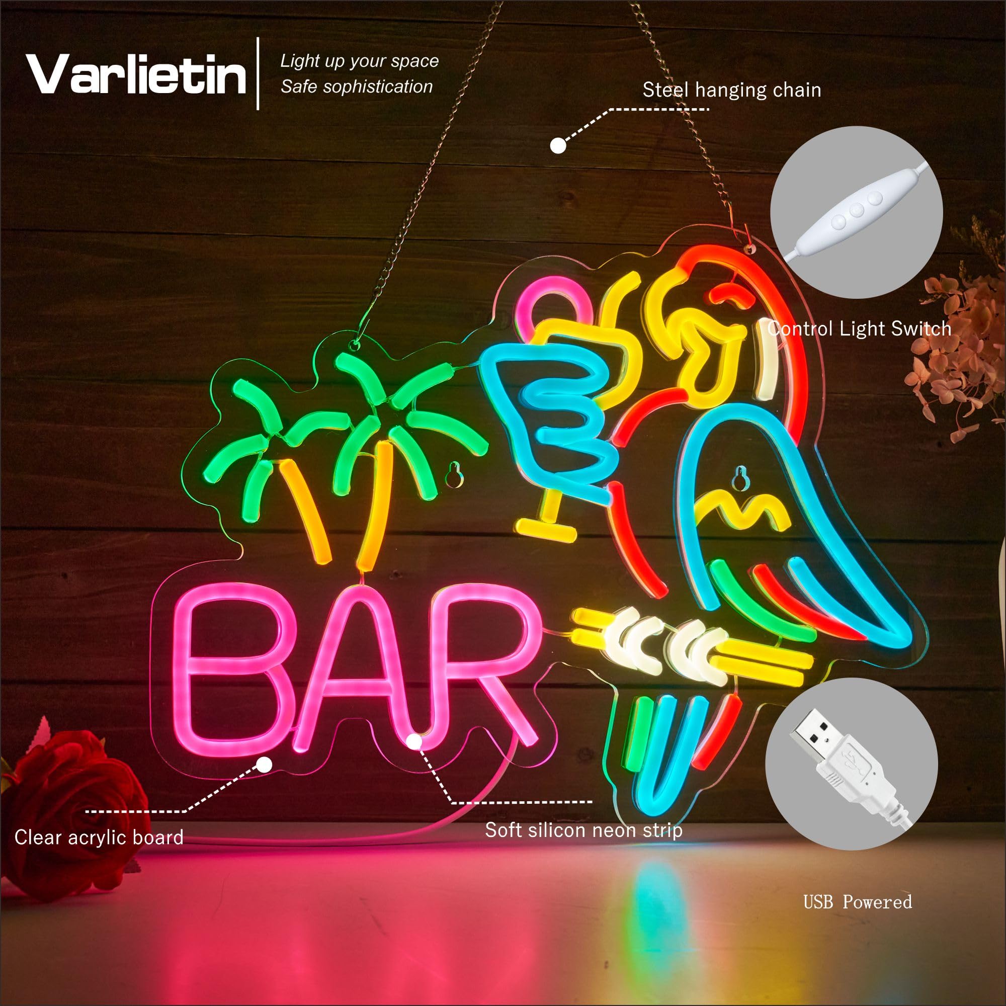 VarLietin Bar Neon Sign - Dimmable LED Wall Decor, USB Powered, Acrylic, Multicolor (Pink, Yellow, Blue, Red, Green)