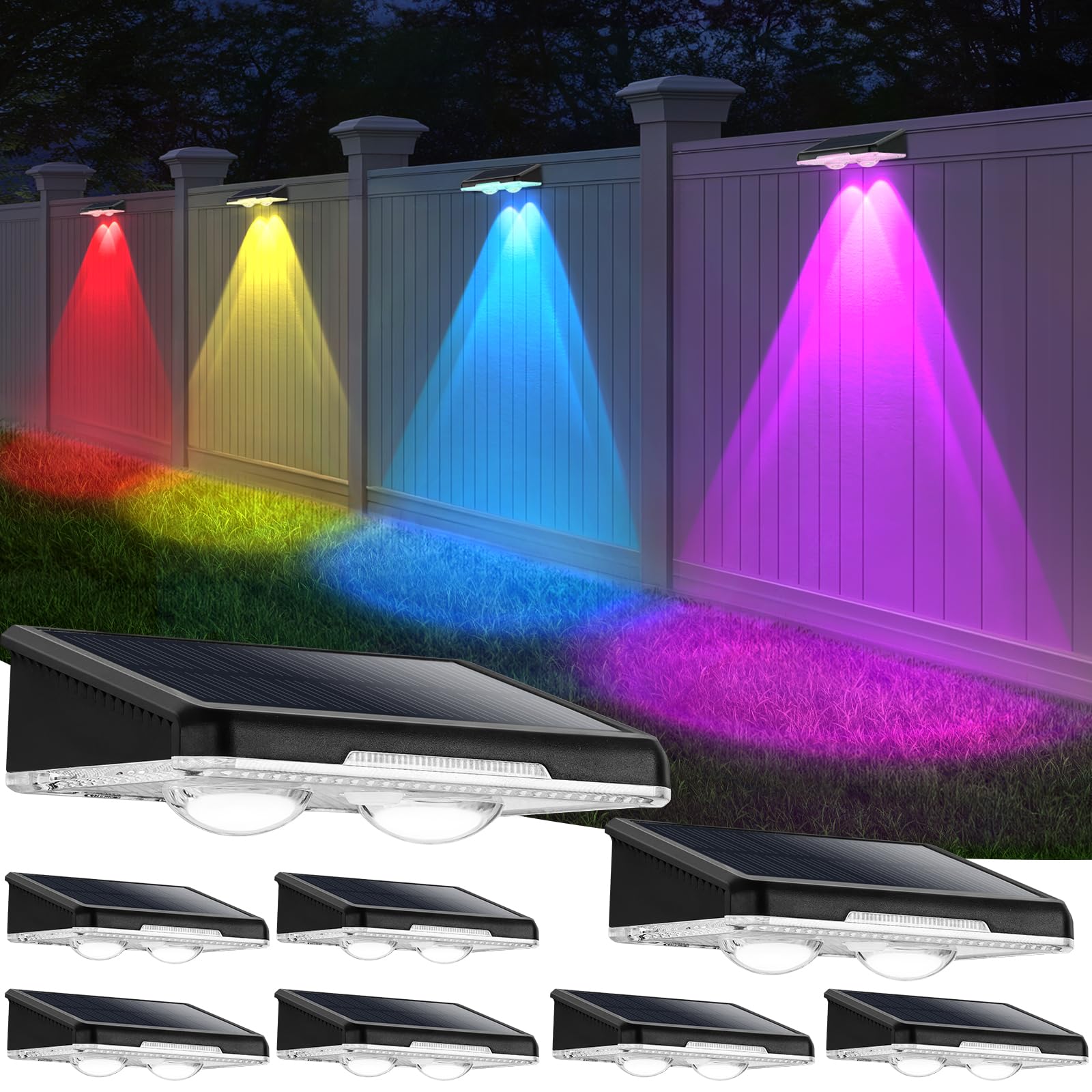 Solar Fence Lights Outdoor 8-Pack, Waterproof Solar Powered Led Fence Light With Warm White & 6 Rgb Colors & 2 Lighting Modes Fo