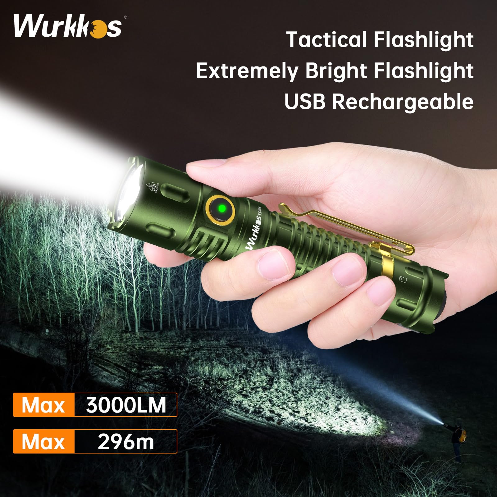 Wurkkos TD04 Tactical Flashlight - 3000 Lumens, Rechargeable, Type C, Green, for Camping & Emergency Use