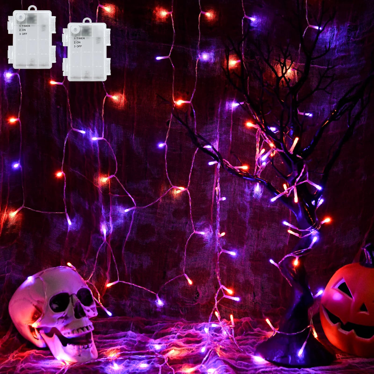 Cshare Halloween String Lights Battery Operated With Timer, Orange And Purple Fairy Lights Outdoor 9.8Ft 30Led, Halloween Decora