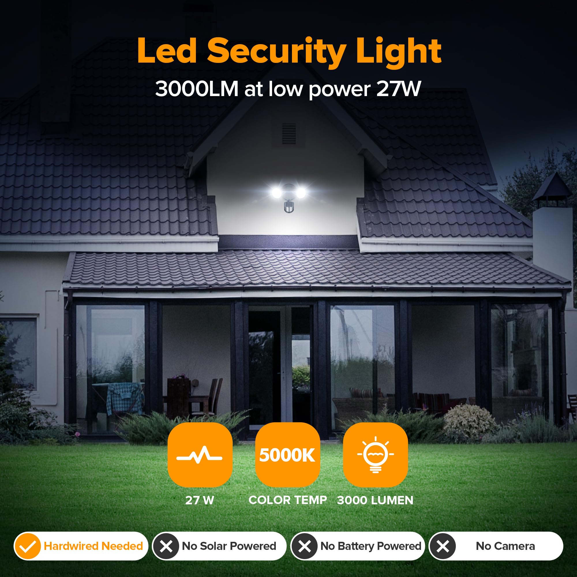 UME LED Security Light - 27W, 3000LM, IP65 Waterproof, Dusk to Dawn, 2 Head Motion Sensor, Outdoor Flood Light, Black