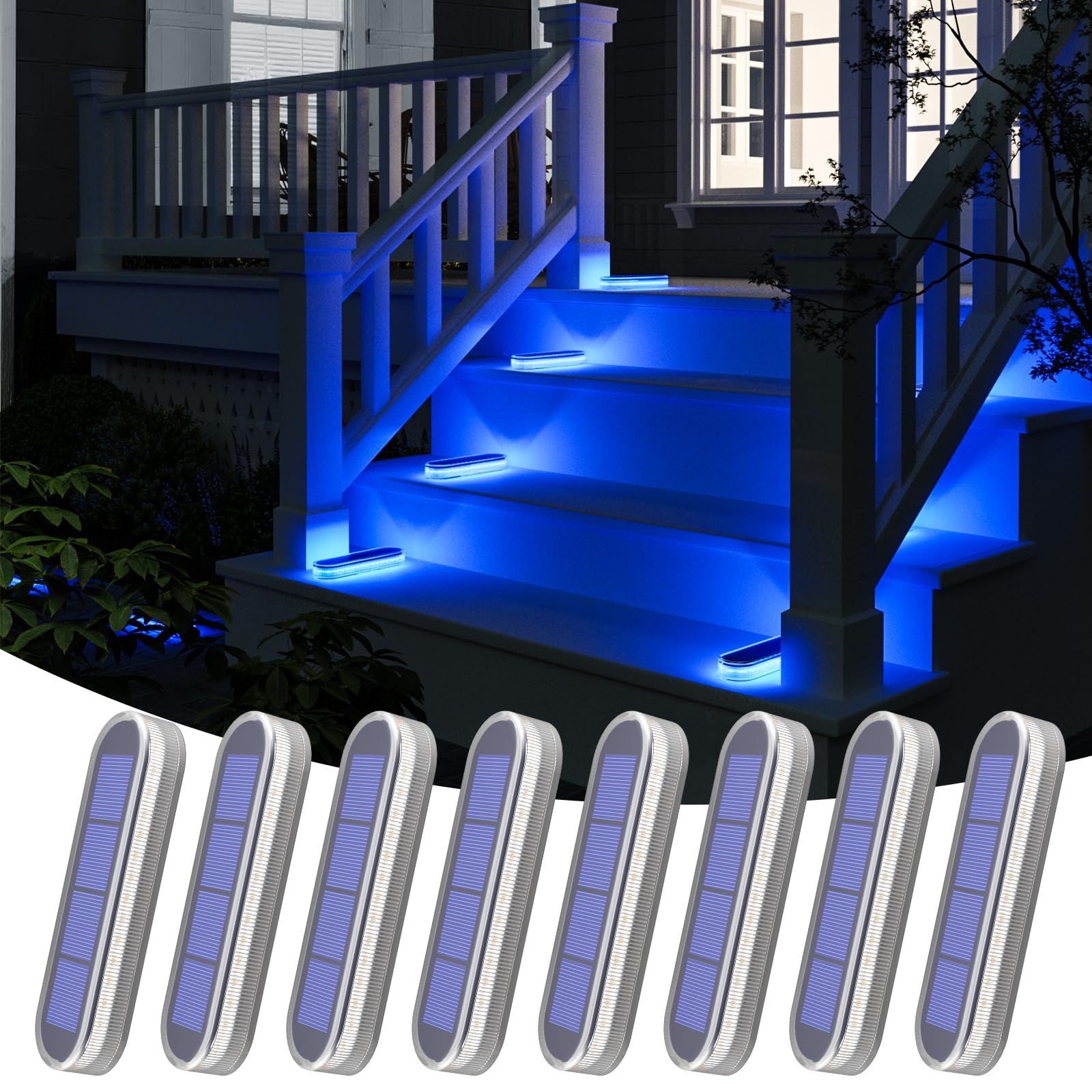 YiLaie Solar Strip Lights Outdoor, Blue, Waterproof, 8 Pack, Polycarbonate, Model HO-SQBSL-8