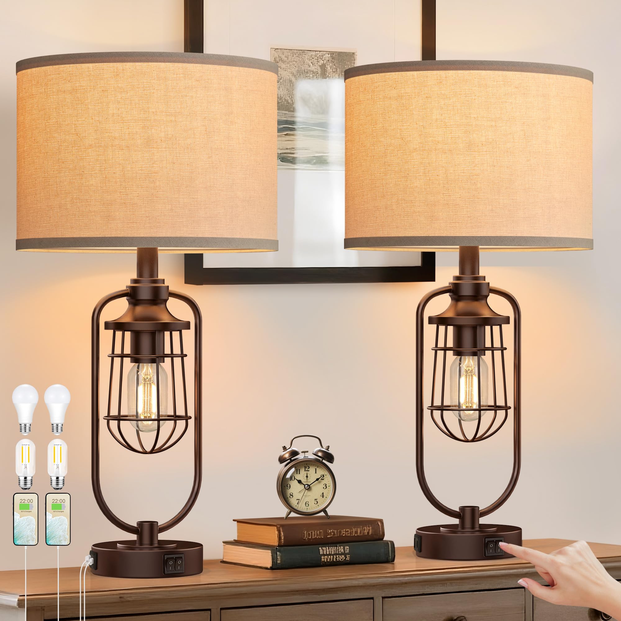 SRJJRS Table Lamps for Living Room Set of 2, Farmhouse Lamps for Night Stands, Industrial Bedside Lamps for Bedroom Nightstand w